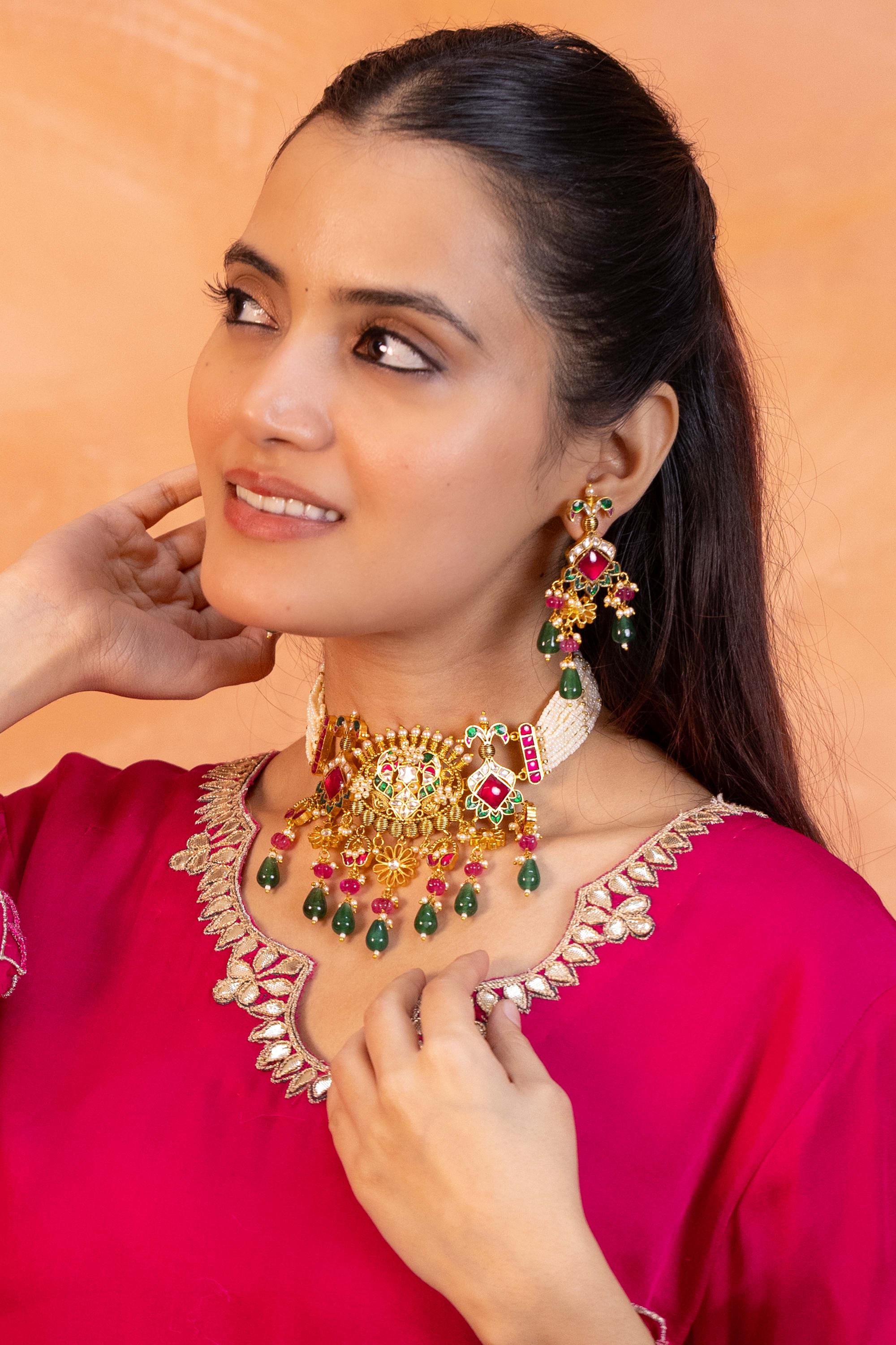 Handpainted Kundan Meenakari Choker Set | Gold Plated Peacock Motif Dangler Earrings