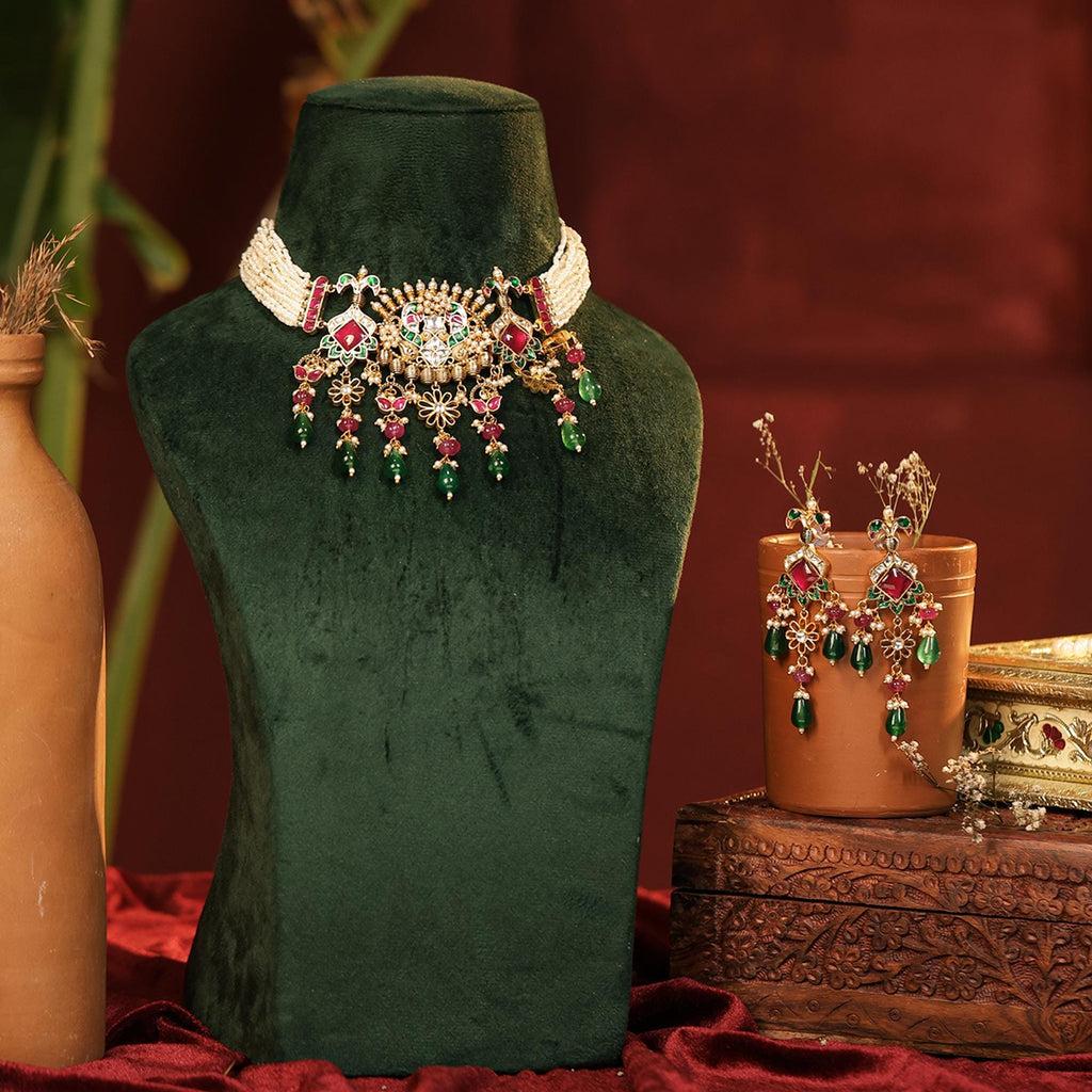 Handpainted Kundan Meenakari Choker Set | Gold Plated Peacock Motif Dangler Earrings