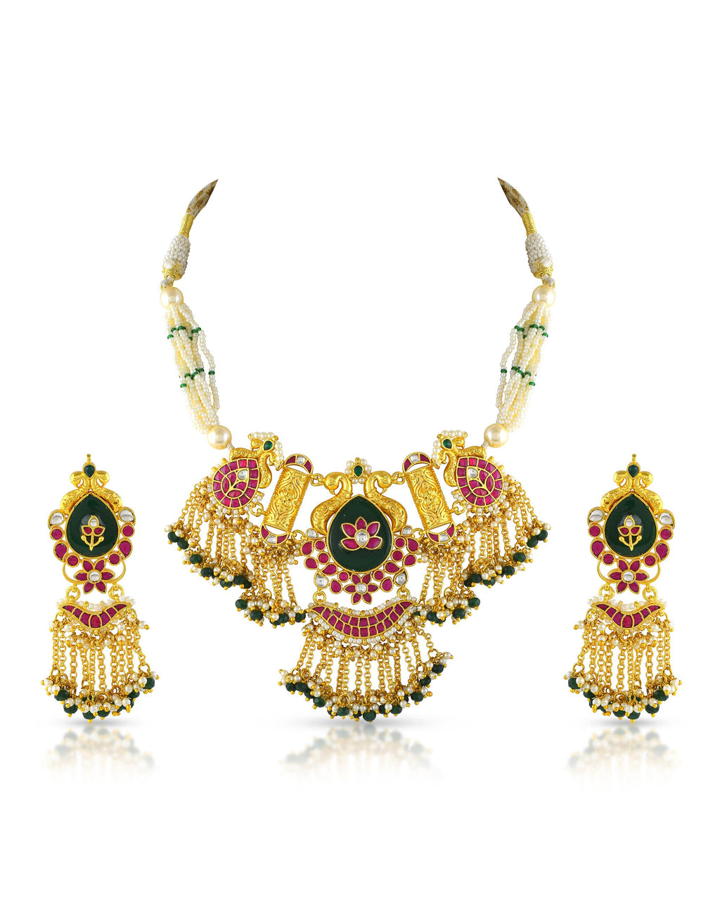 Matte Gold Plated Temple Jewelry Set | Handpainted Lotus Peacock Pendant, Pearl Band