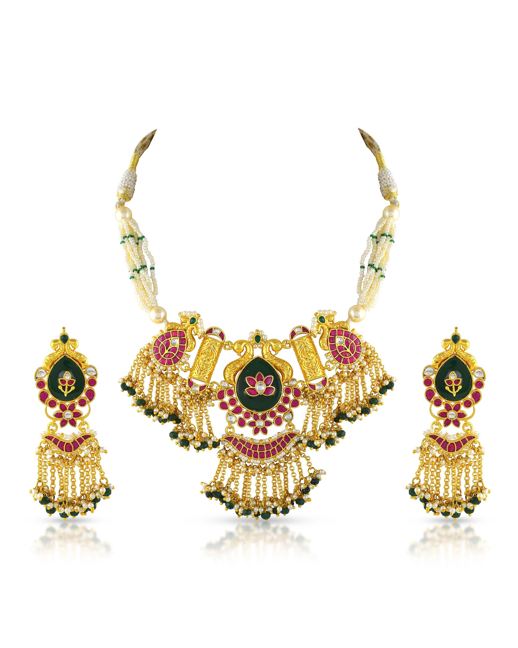 Matte Gold Plated Temple Jewelry Set | Handpainted Lotus Peacock Pendant, Pearl Band