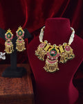 Matte Gold Plated Temple Jewelry Set | Handpainted Lotus Peacock Pendant, Pearl Band