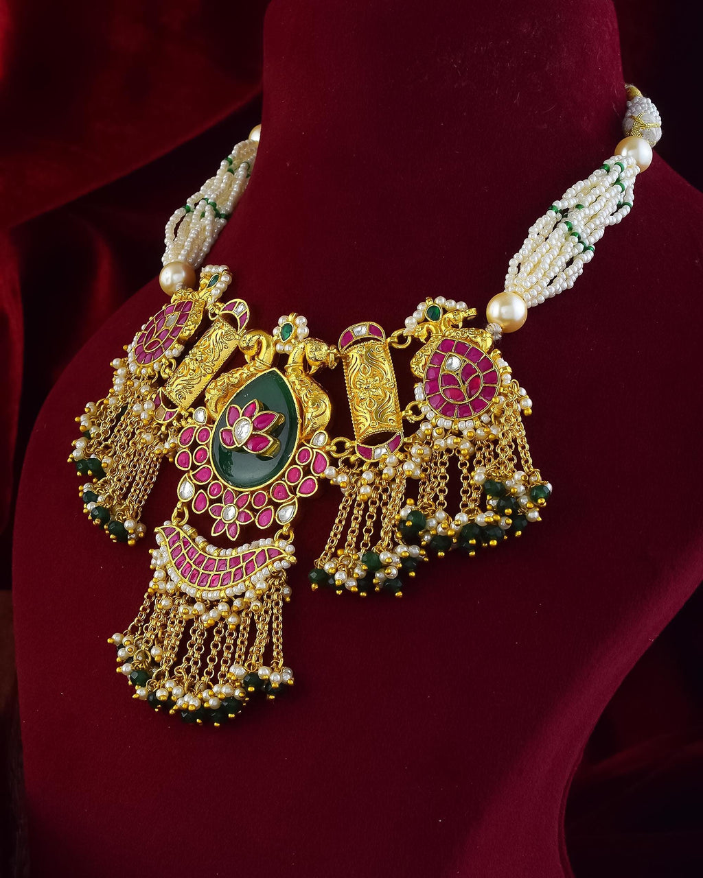 Matte Gold Plated Temple Jewelry Set | Handpainted Lotus Peacock Pendant, Pearl Band