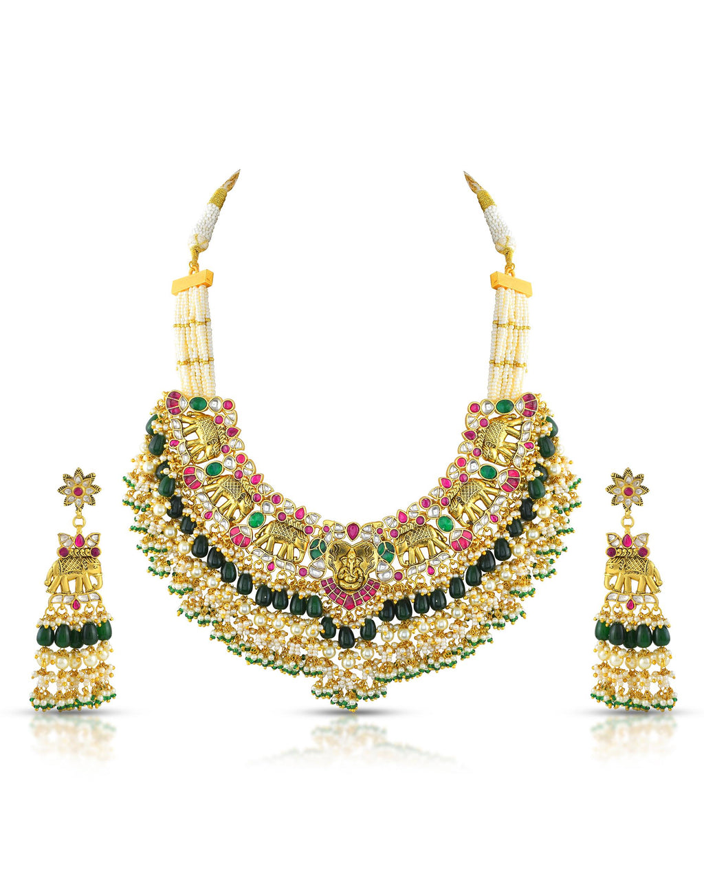 Antique Gold Nakshi Ganesha Elephant Choker Necklace Set | Bridal Ruby Emerald Temple Jewelry