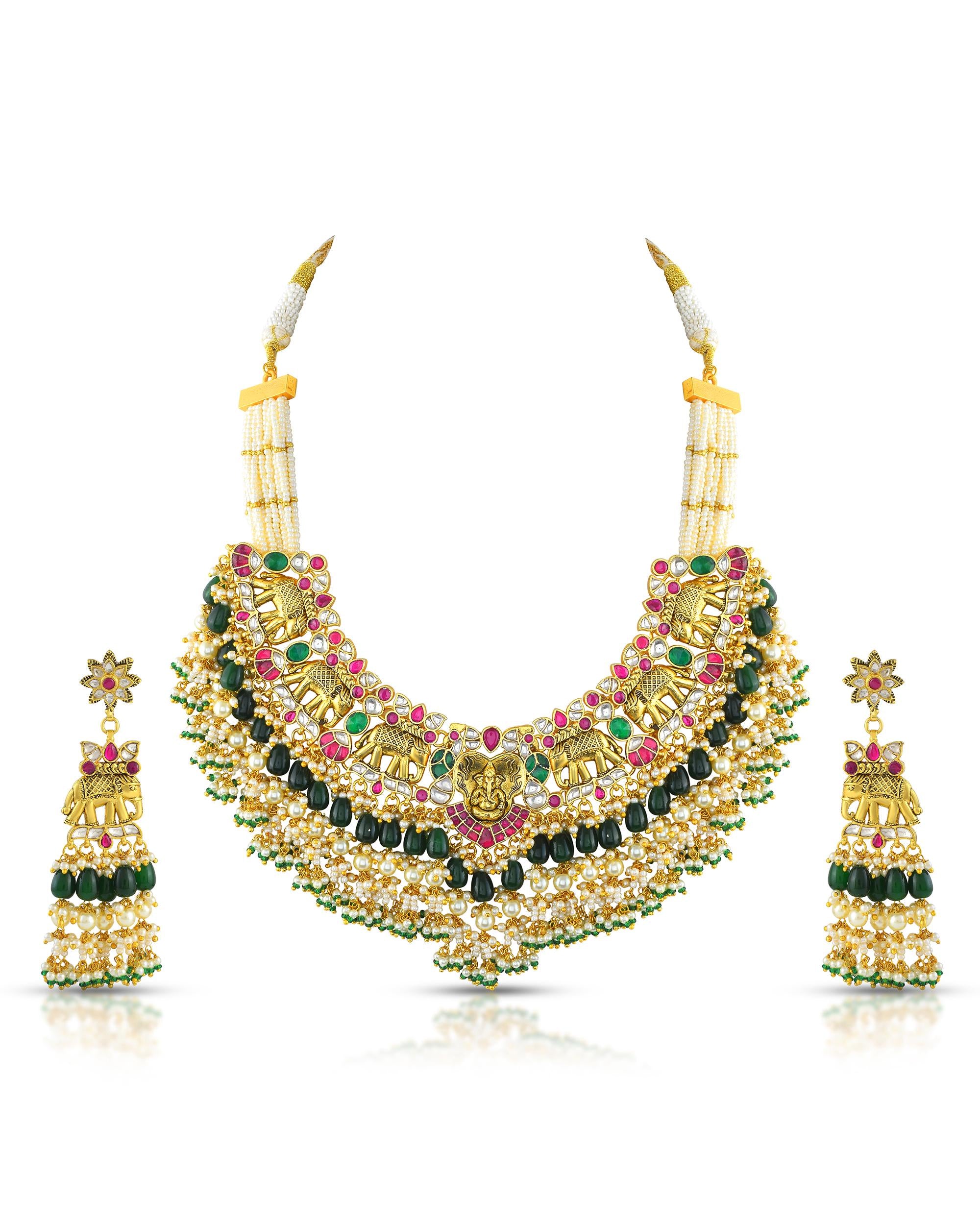 Antique Gold Nakshi Ganesha Elephant Choker Necklace Set | Bridal Ruby Emerald Temple Jewelry