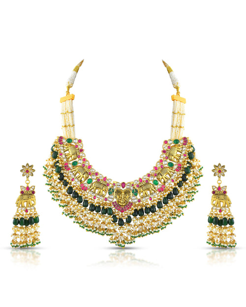 Antike Gold Nakshi Ganesha Elefanten Choker-Halskette Set | Braut Rubin Smaragd Tempelschmuck