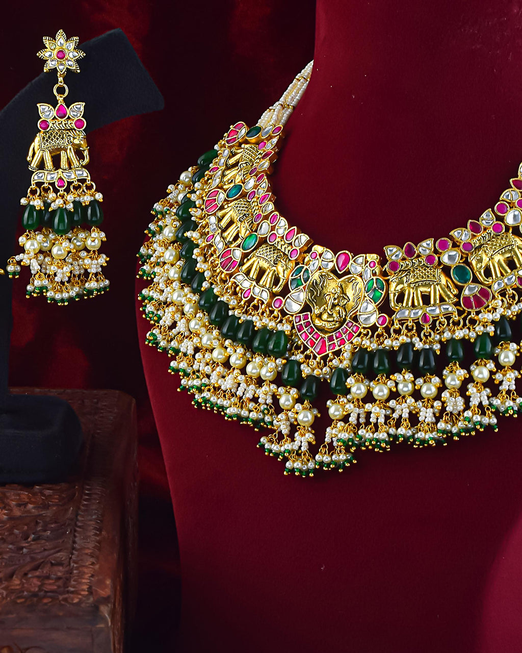Antique Gold Nakshi Ganesha Elephant Choker Necklace Set | Bridal Ruby Emerald Temple Jewelry