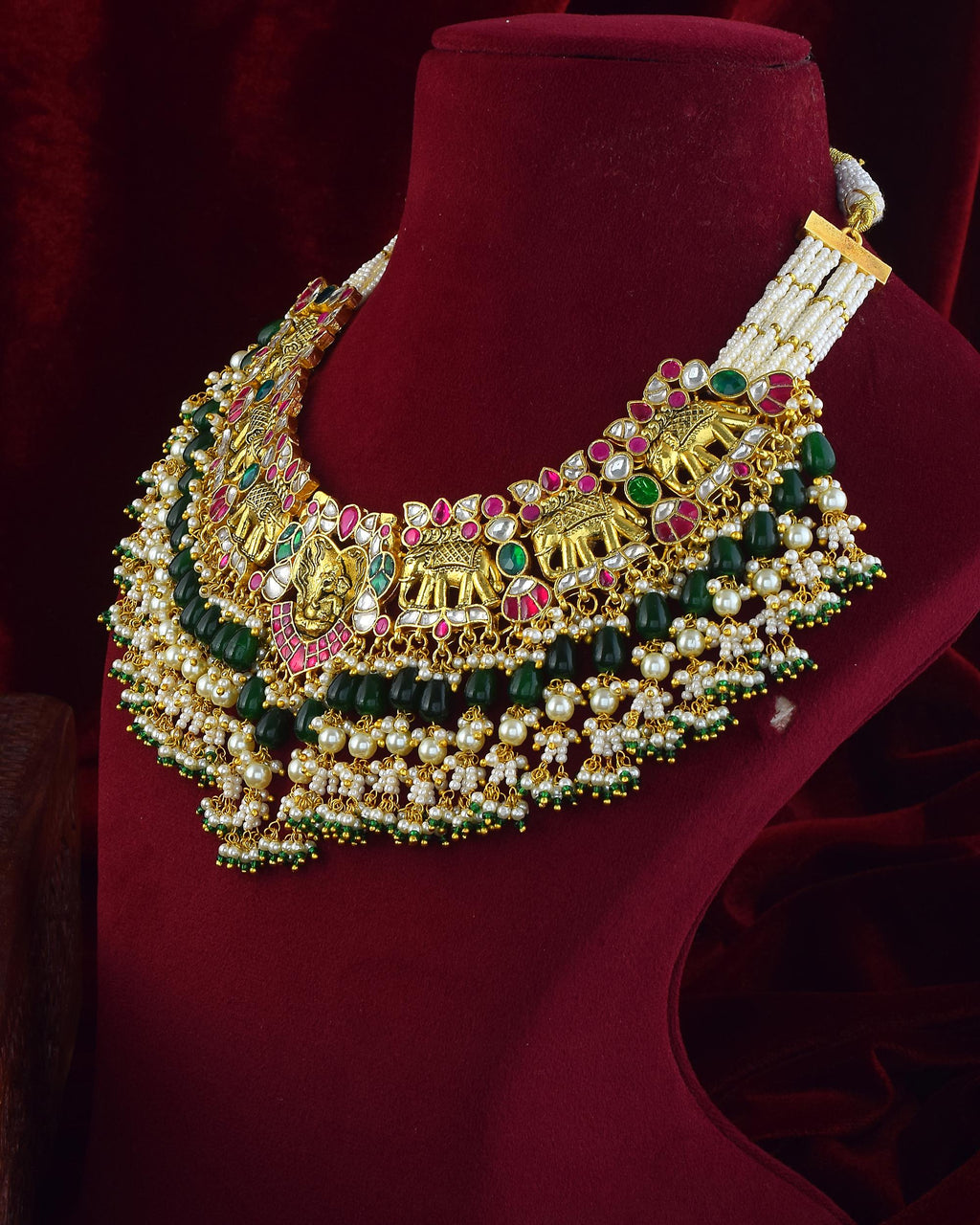 Antique Gold Nakshi Ganesha Elephant Choker Necklace Set | Bridal Ruby Emerald Temple Jewelry