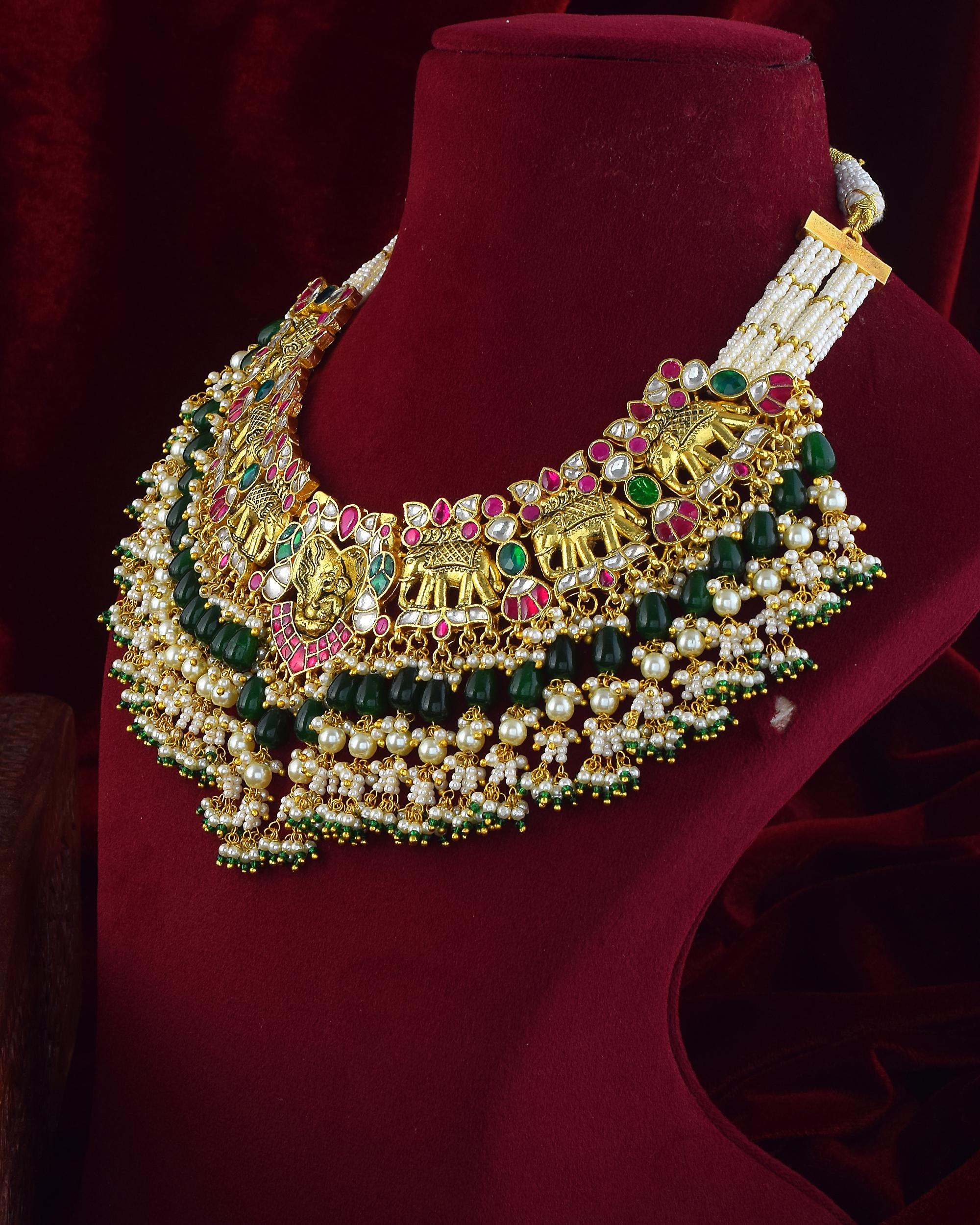 Antique Gold Nakshi Ganesha Elephant Choker Necklace Set | Bridal Ruby Emerald Temple Jewelry