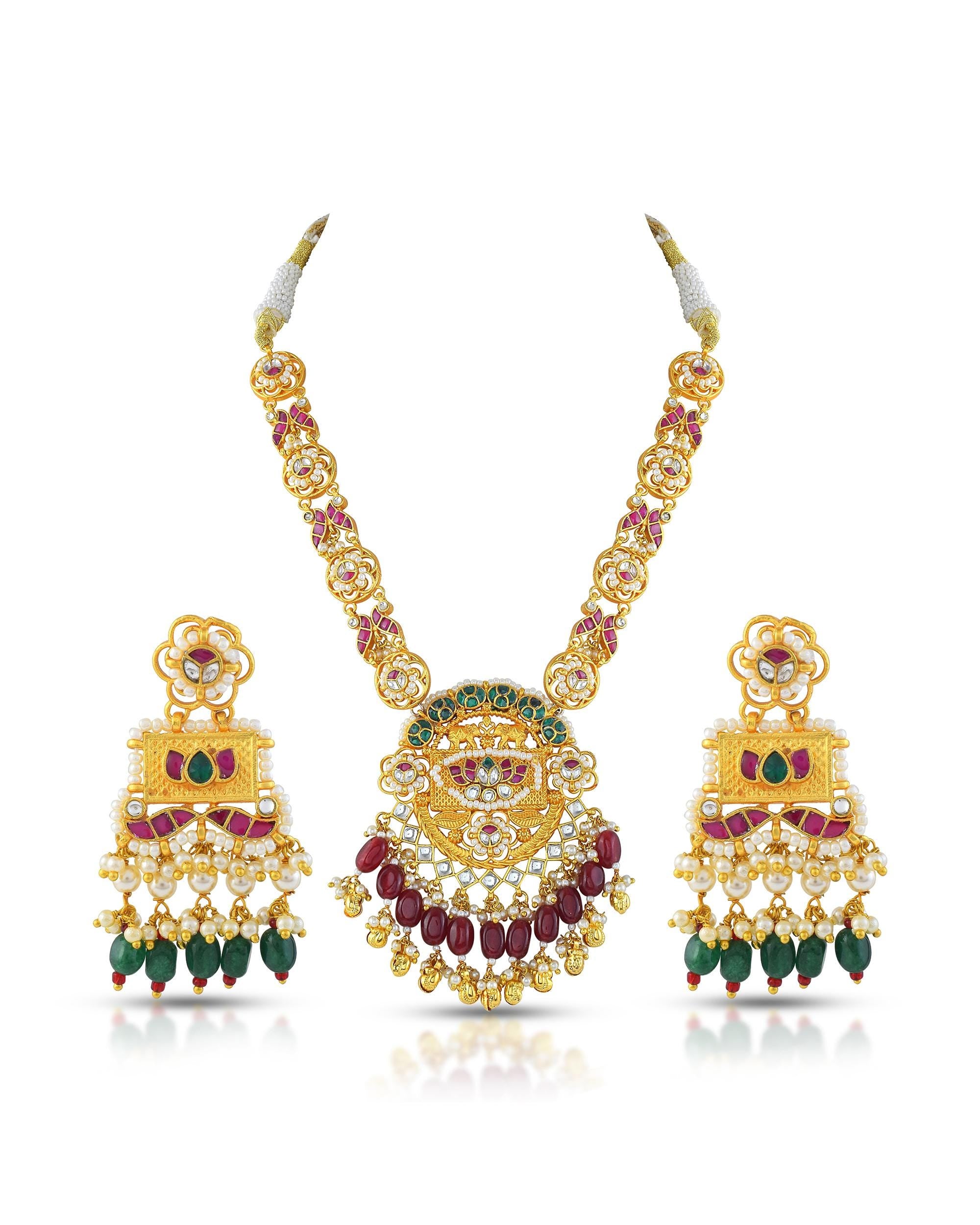 Antique Gold Nakshi Temple Pendant Necklace Set | Ruby Emerald Bridal Jewelry