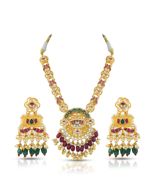Antike Gold Nakshi Tempel Anhänger Halskette Set | Rubin Smaragd Brautschmuck