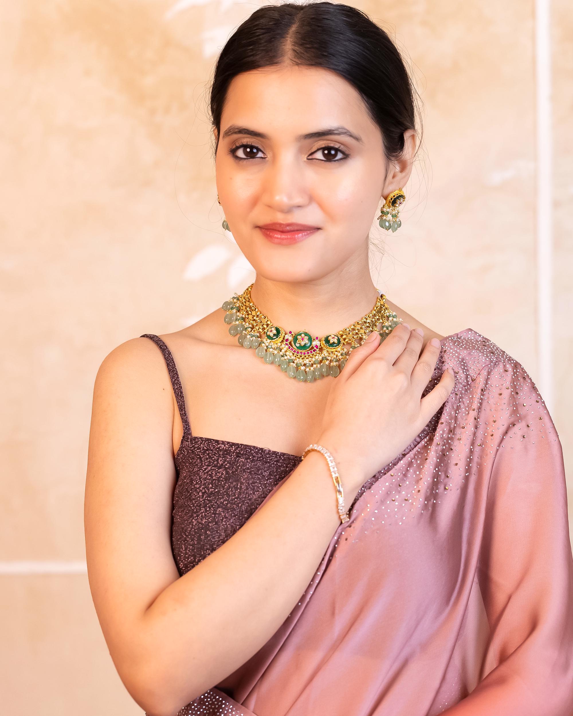 Handcrafted Temple Choker Set | Gold Plated Meenakari Lotus Medallion Necklace Earrings
