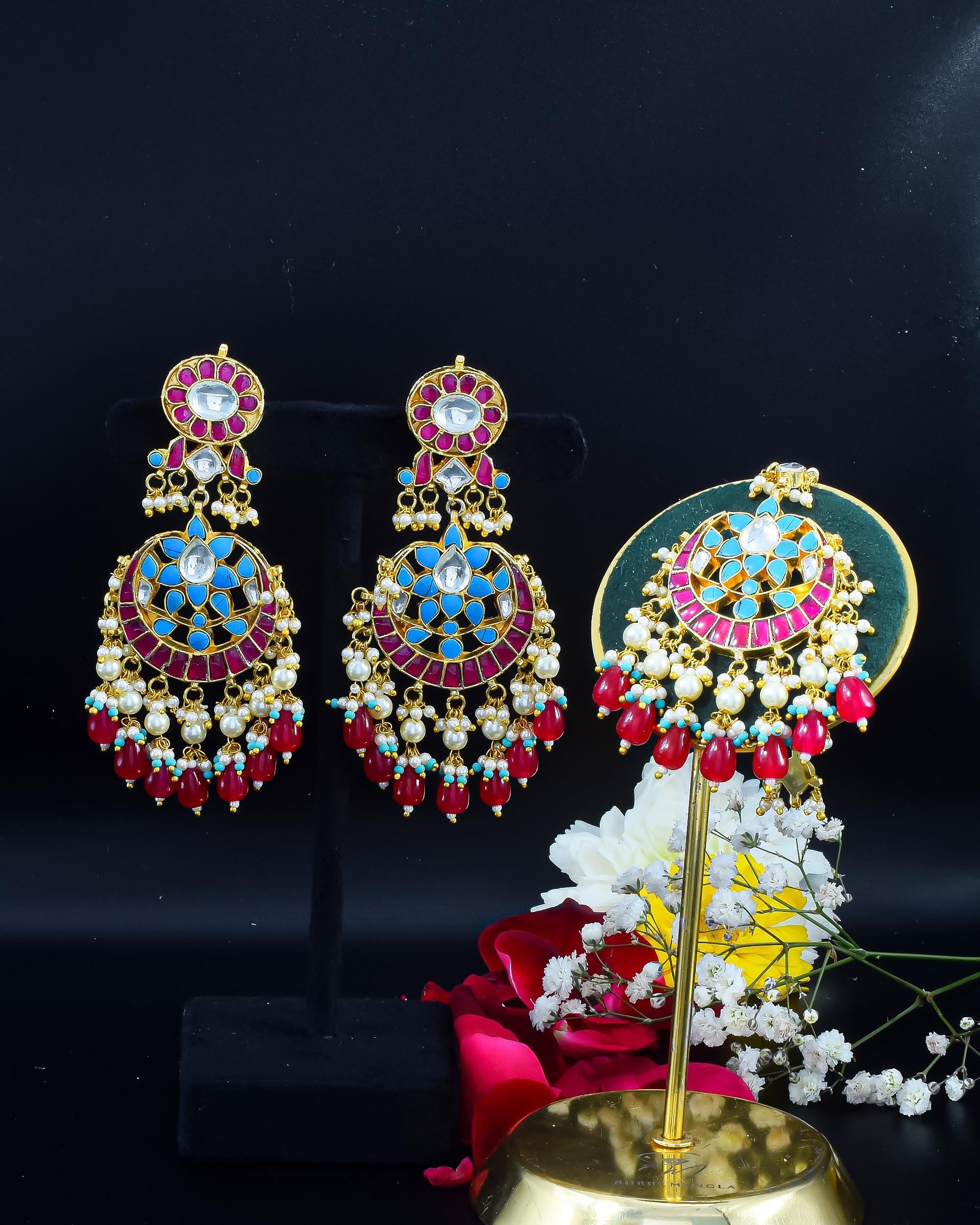 maang tikka set Kundan Meenakari Earring and Maang Tikka Set | Ruby Red Turquoise Bridal Jewelry