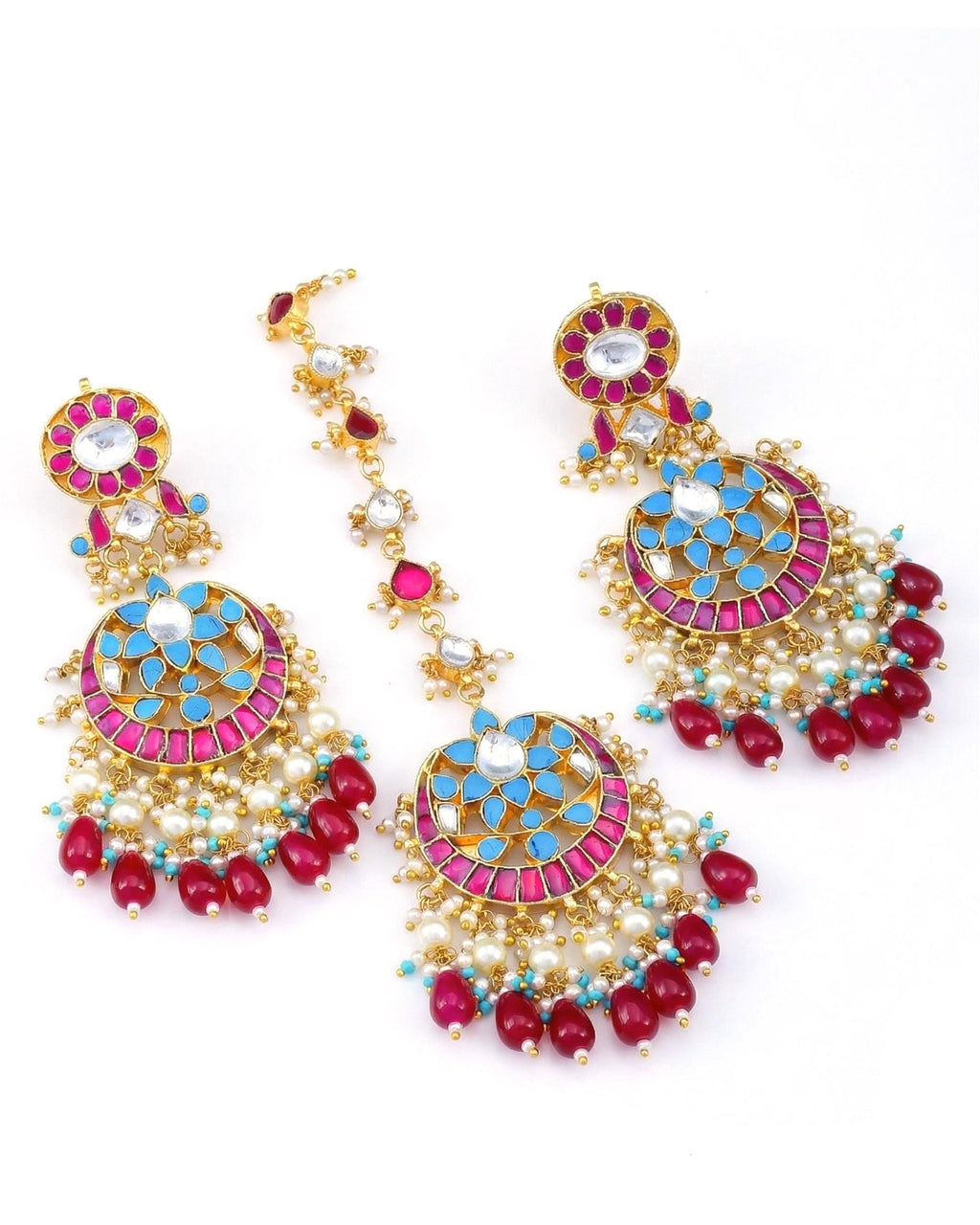 maang tikka set Kundan Meenakari Earring and Maang Tikka Set | Ruby Red Turquoise Bridal Jewelry