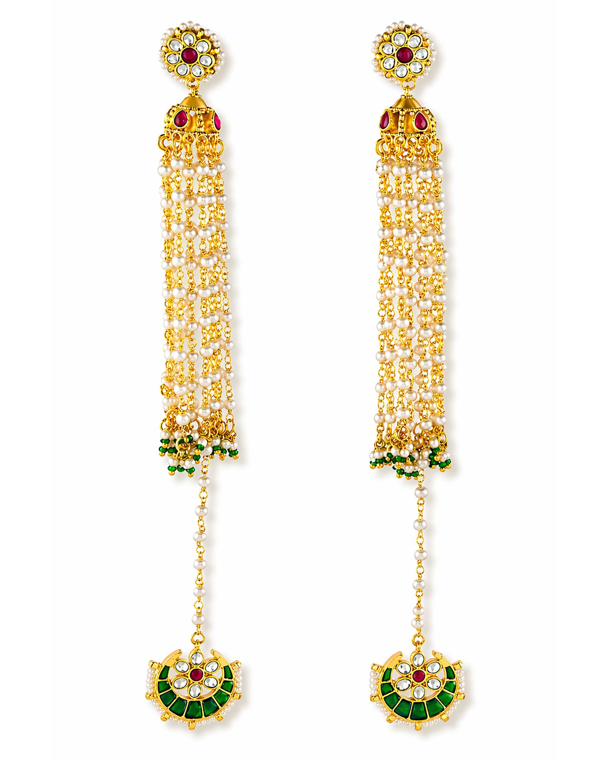 Royal Pearl Jhumka Earrings with Chandbali Drape | Indian Bridal Statement Meenakari Jewelry