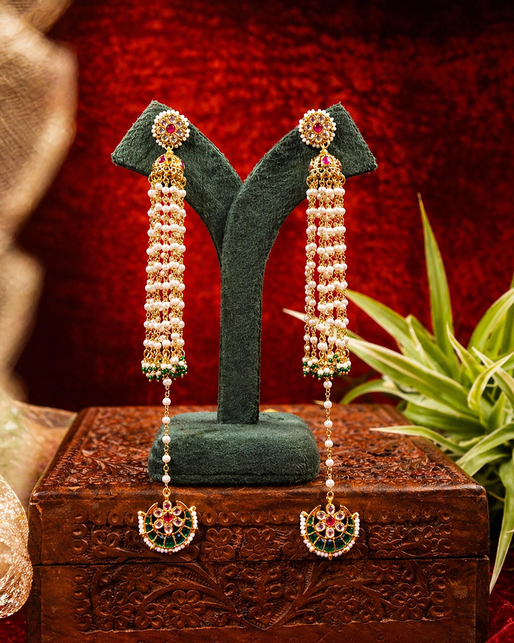 Royal Pearl Jhumka Earrings with Chandbali Drape | Indian Bridal Statement Meenakari Jewelry
