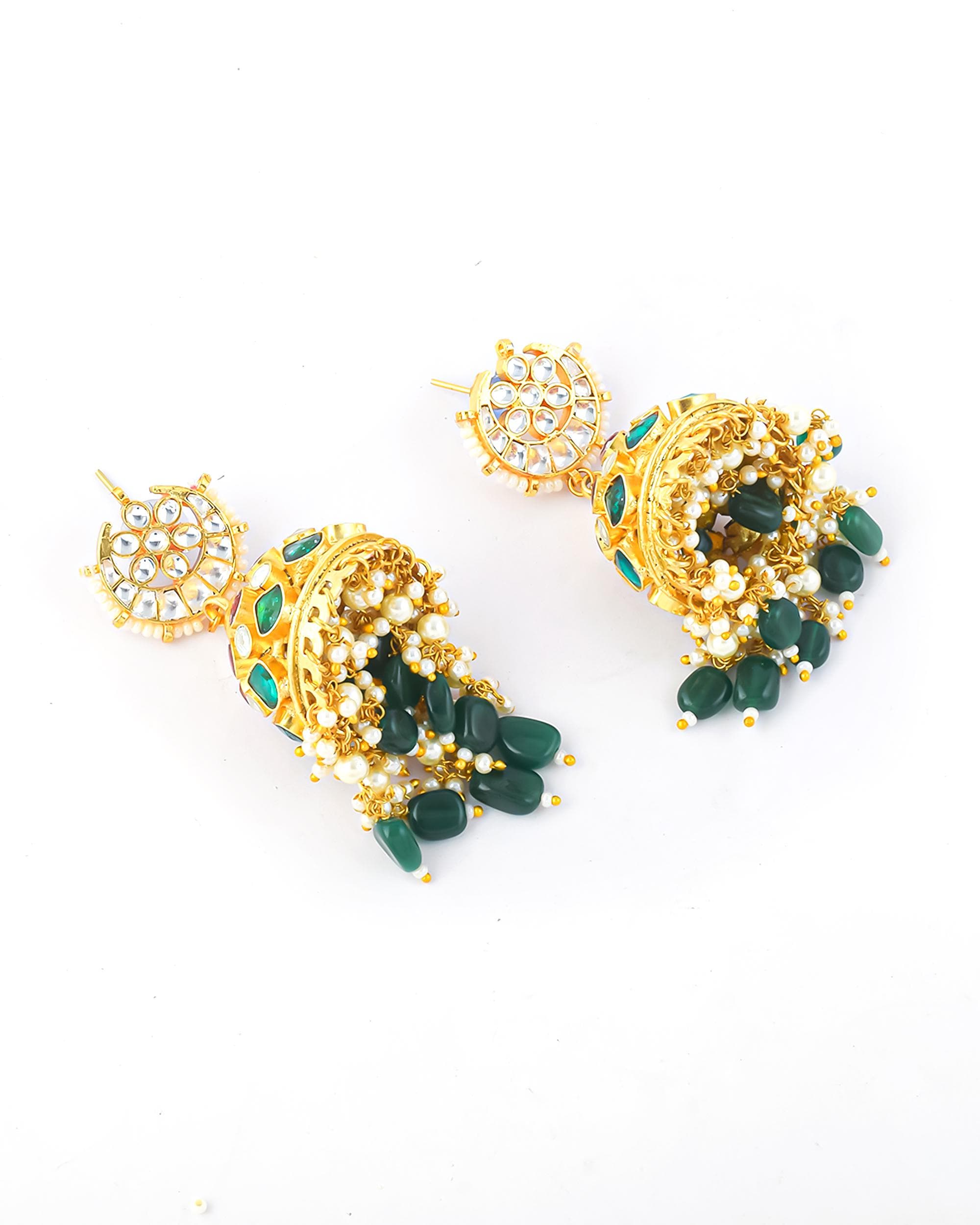 Green Kundan Jhumka Earrings | Pearl Drop Bridal Jewelry | Gold Tone Indian Festive