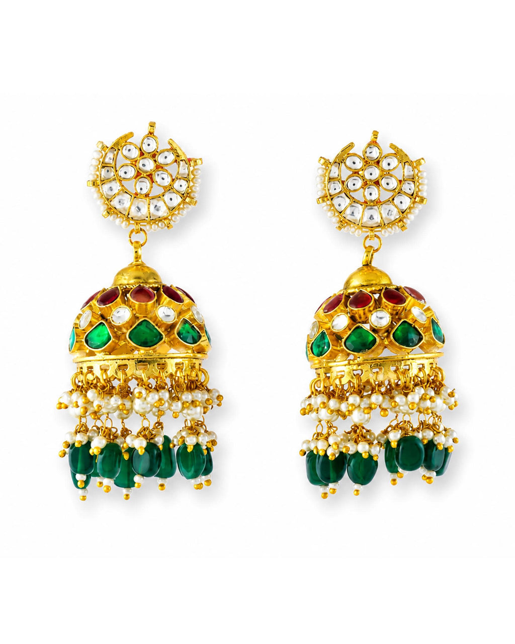 Green Kundan Jhumka Earrings | Pearl Drop Bridal Jewelry | Gold Tone Indian Festive