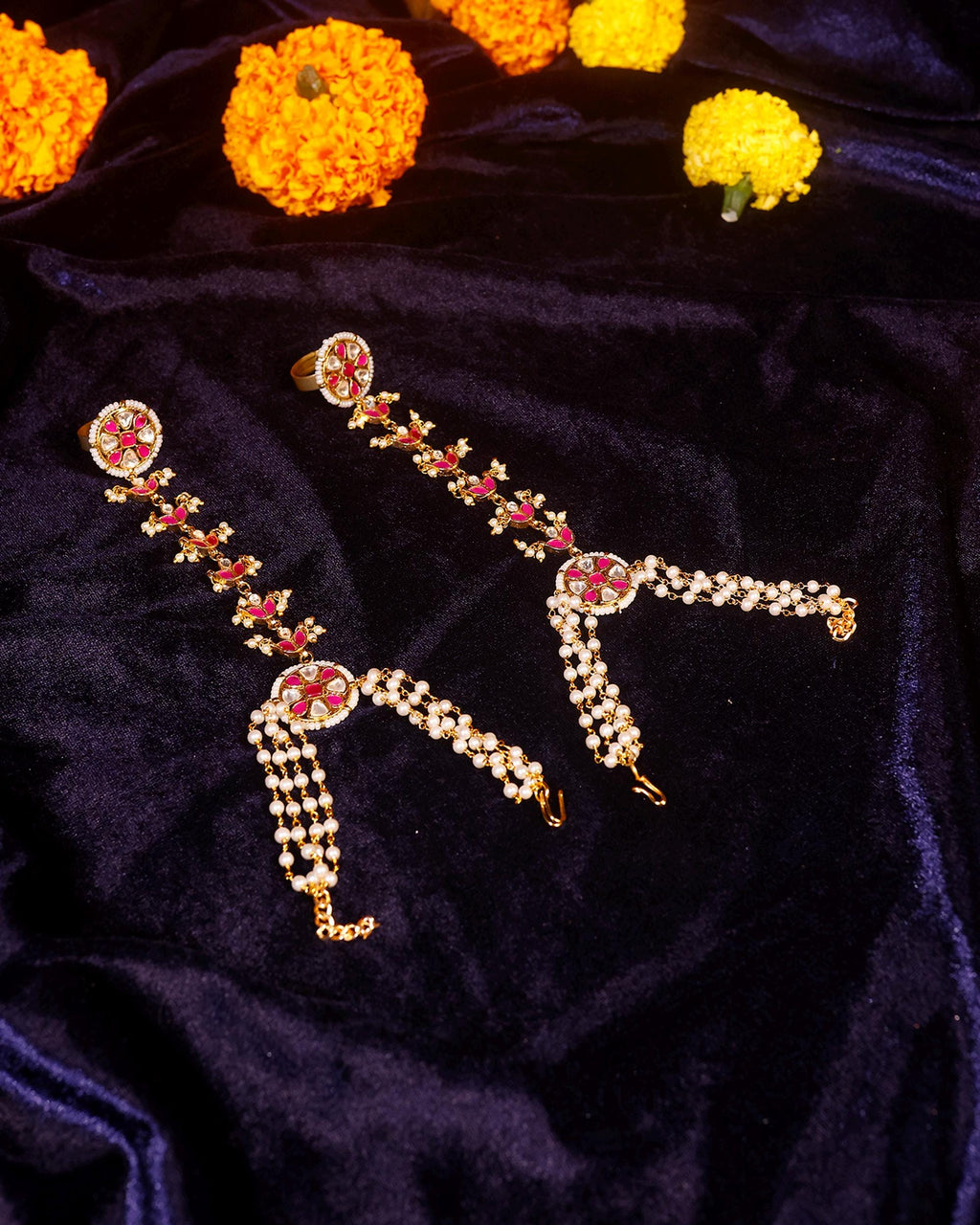 Hand Harness Hathphool | Ruby Red Kundan Pearl Indian Wedding Accessory