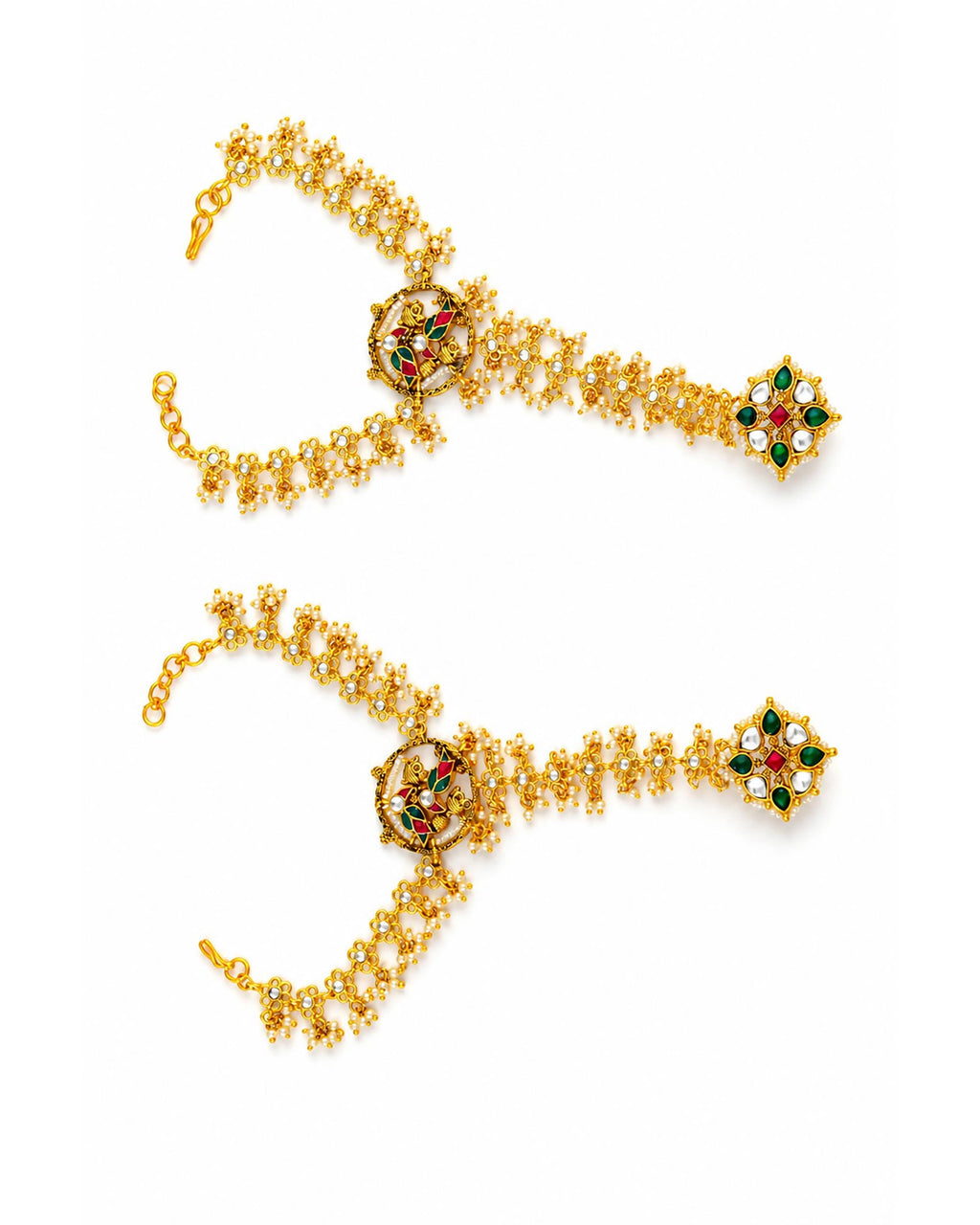 Traditional Kundan Pearl Hathphool | Indian Bridal Hand Harness, Ruby Red Stone Accessory