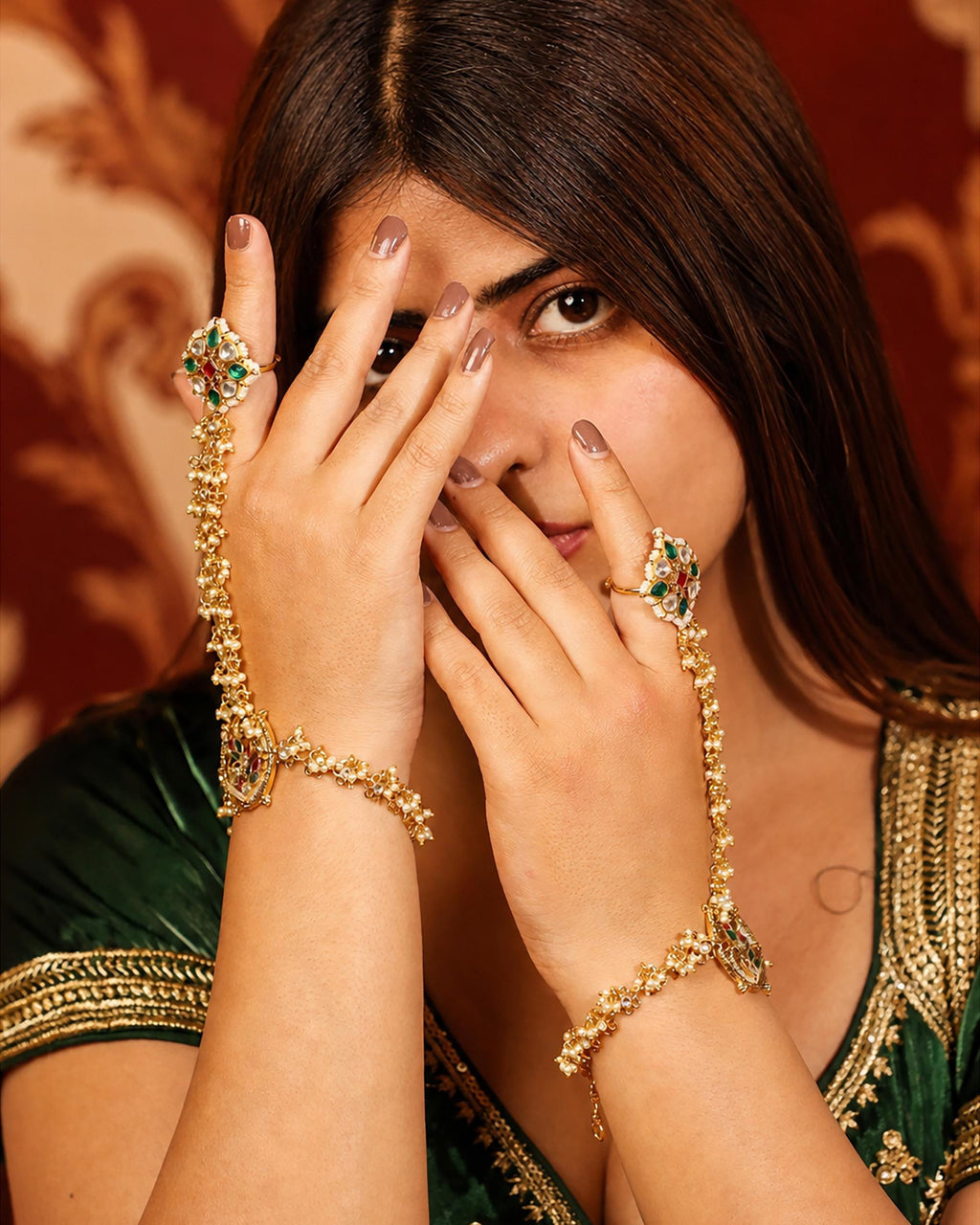 Traditional Kundan Pearl Hathphool | Indian Bridal Hand Harness, Ruby Red Stone Accessory