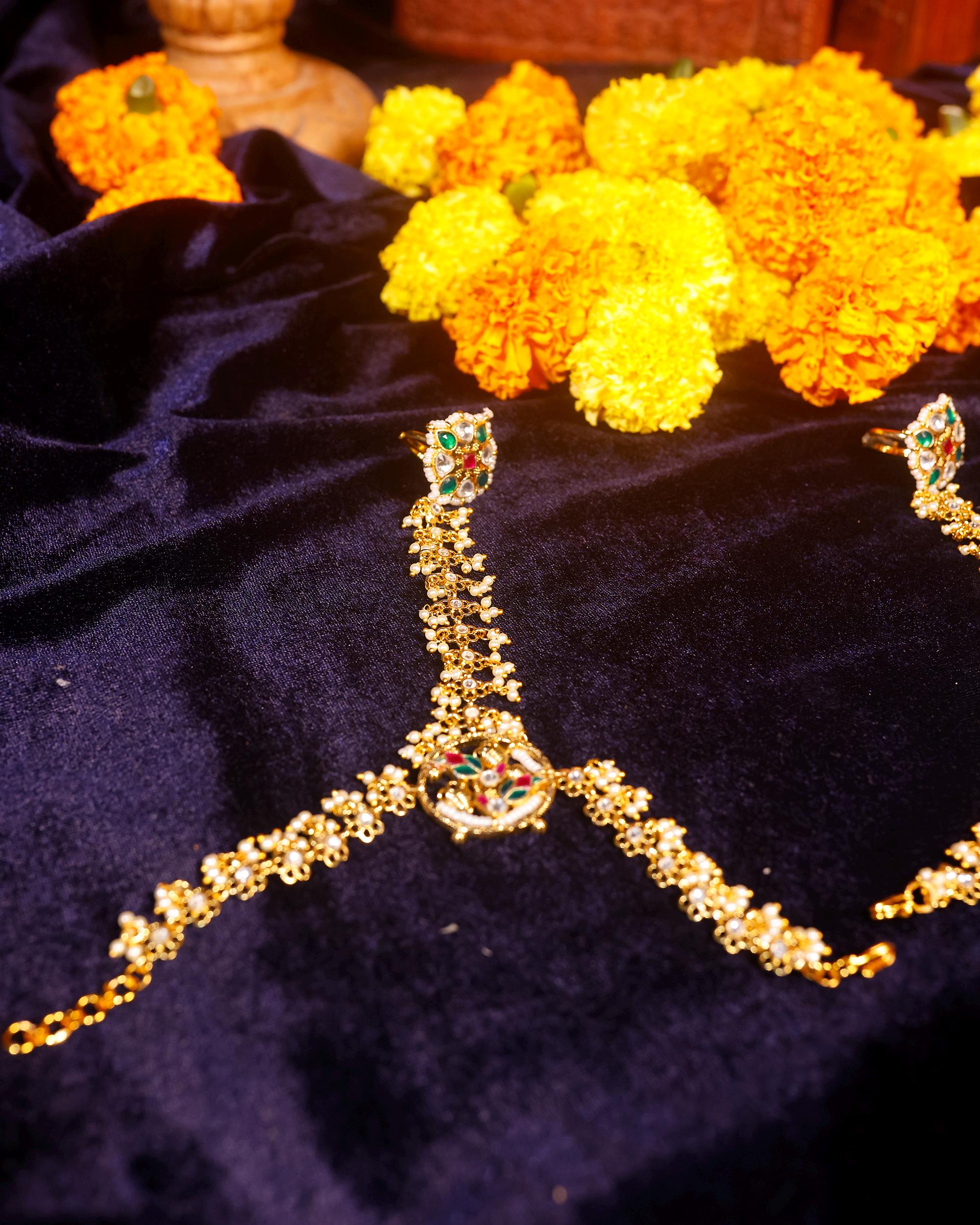 Traditional Kundan Pearl Hathphool | Indian Bridal Hand Harness, Ruby Red Stone Accessory
