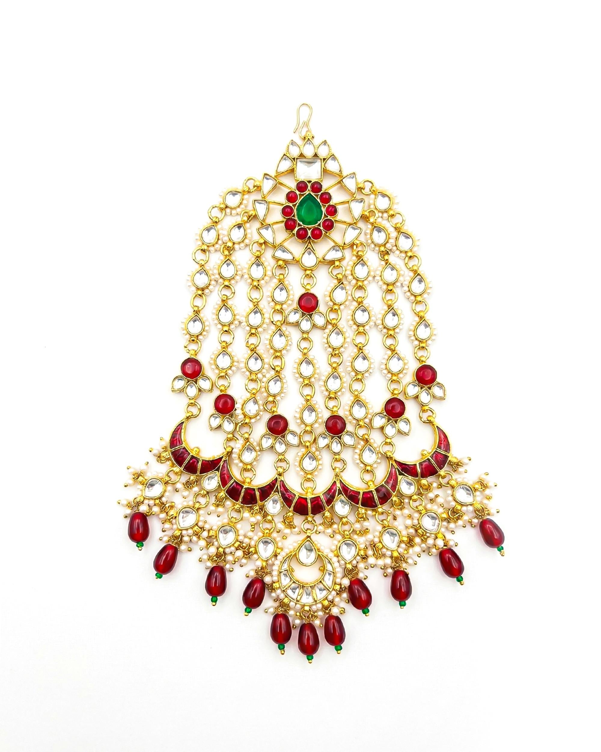 Traditional Kundan Meenakari Passa | Indian Bridal Jhumar Headpiece, Ruby Pearl Accent