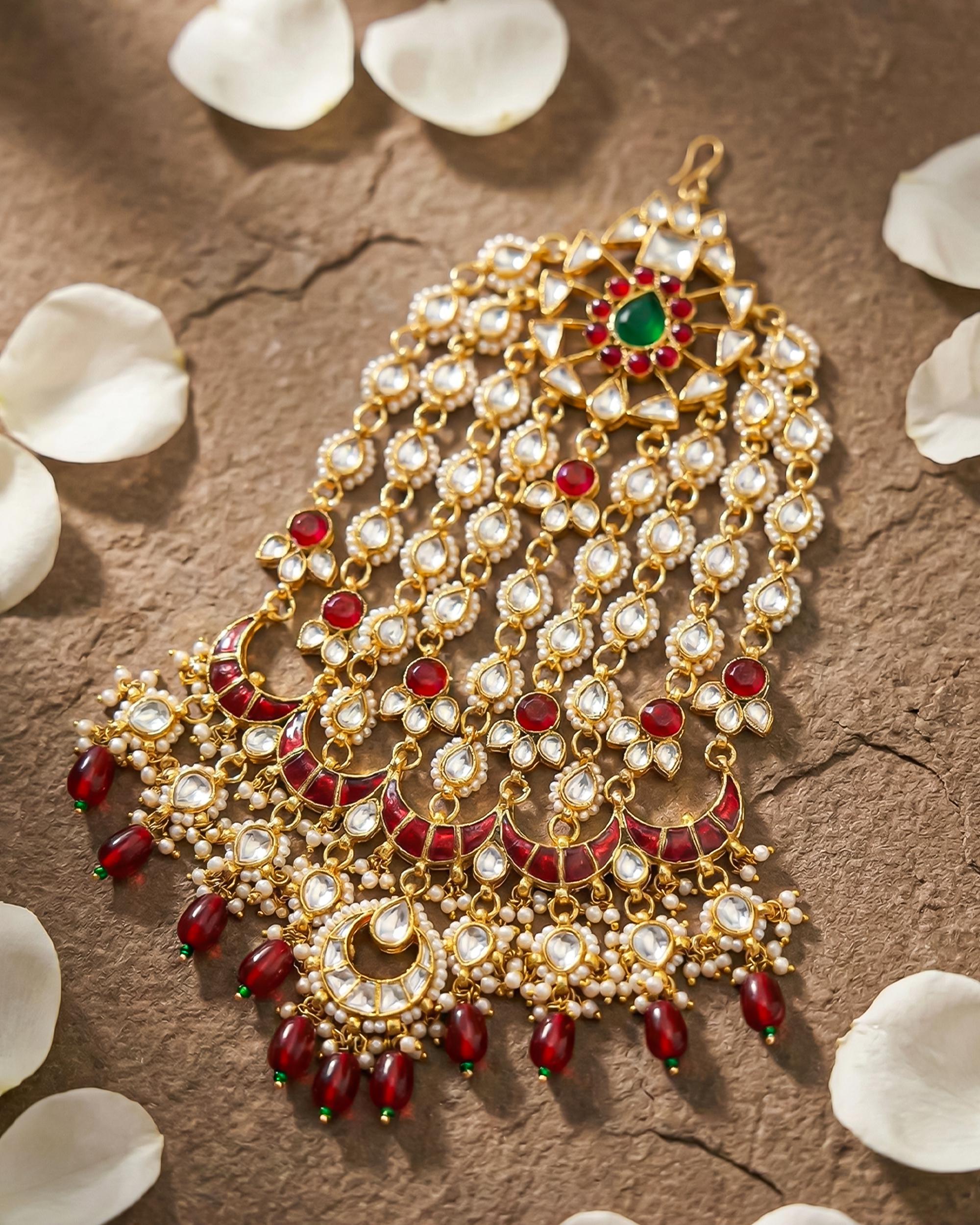 Traditional Kundan Meenakari Passa | Indian Bridal Jhumar Headpiece, Ruby Pearl Accent