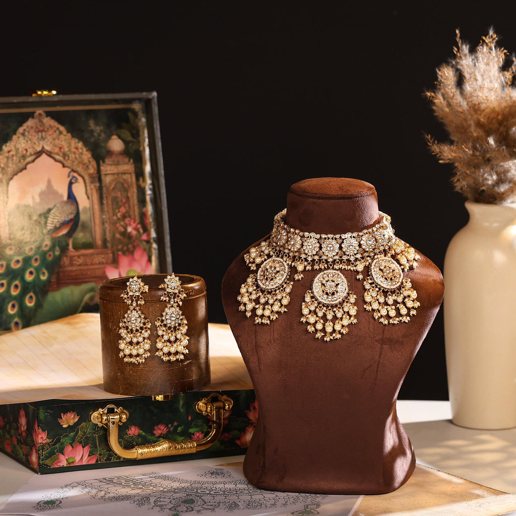 Handcrafted Floral Polki Kundan Choker Set with Pearl Chandelier Earrings