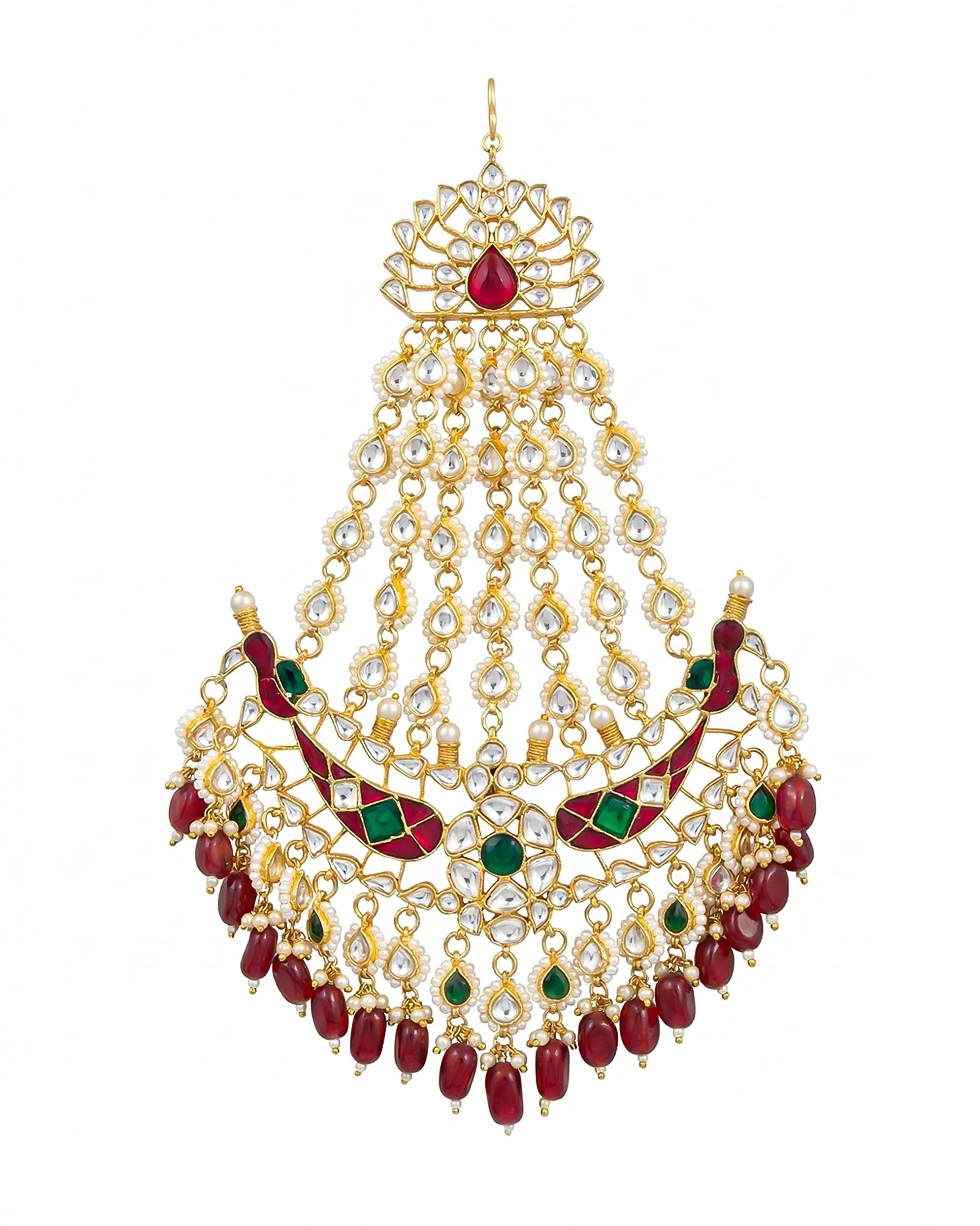 Traditional Kundan Meenakari Passa | Ruby Emerald Bridal Jhumar Headpiece