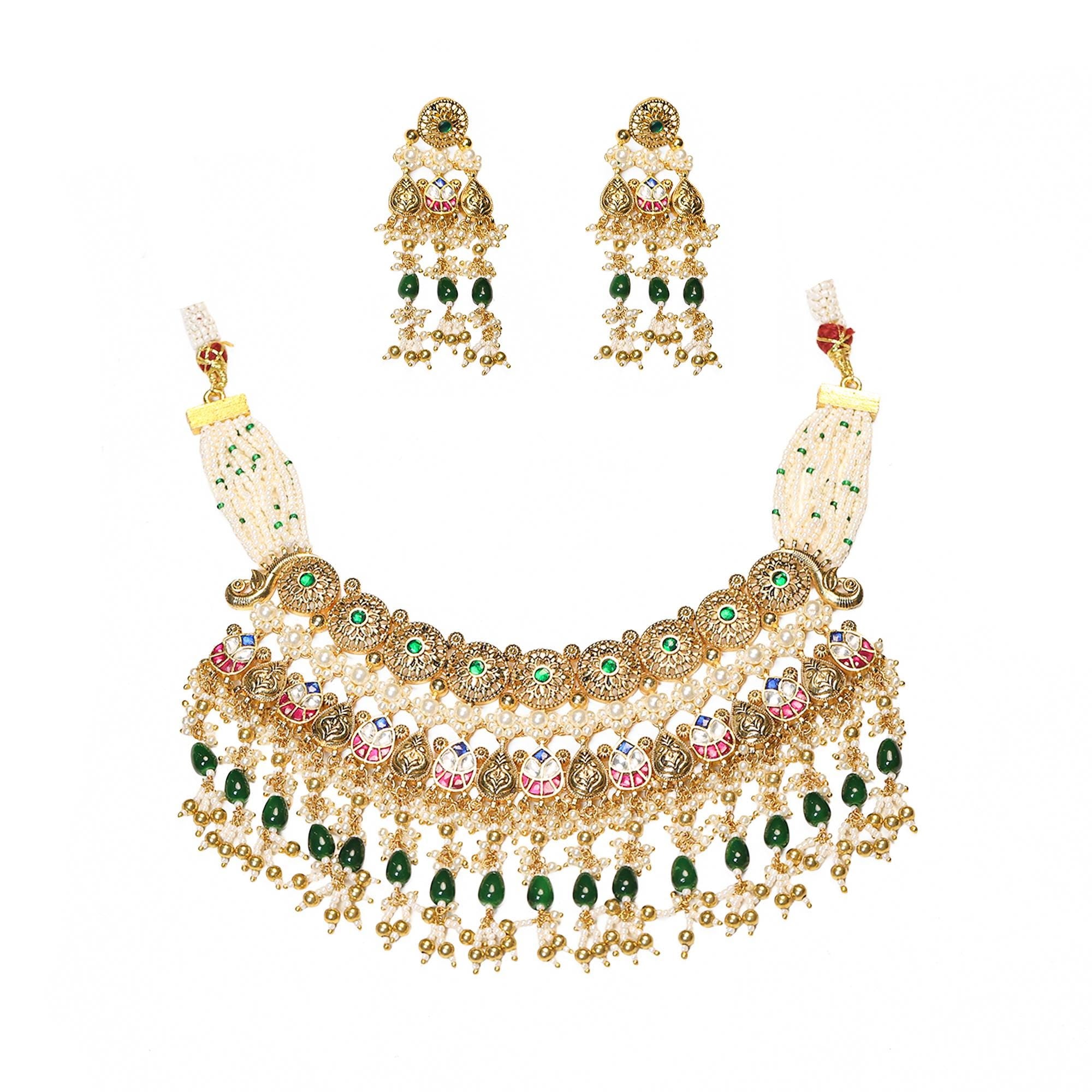 Royal Navratna Choker Necklace Set | Antique Gold Plated Guttapusalu Pearl Earrings