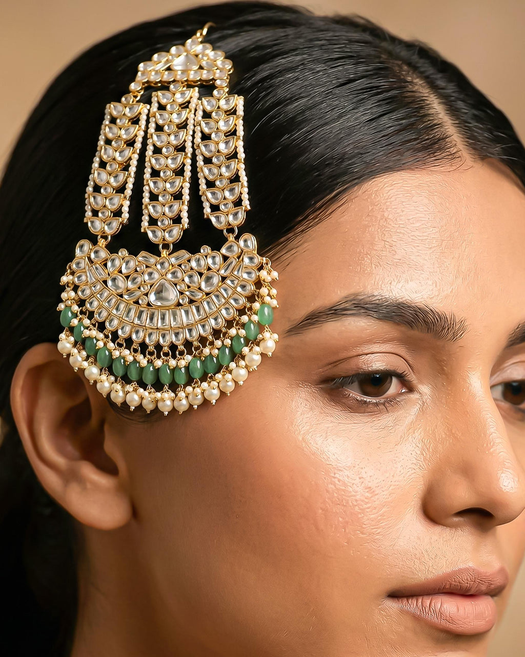 Traditional Kundan Pearl Passa | Indian Bridal Jhumar Headpiece, Green Beads