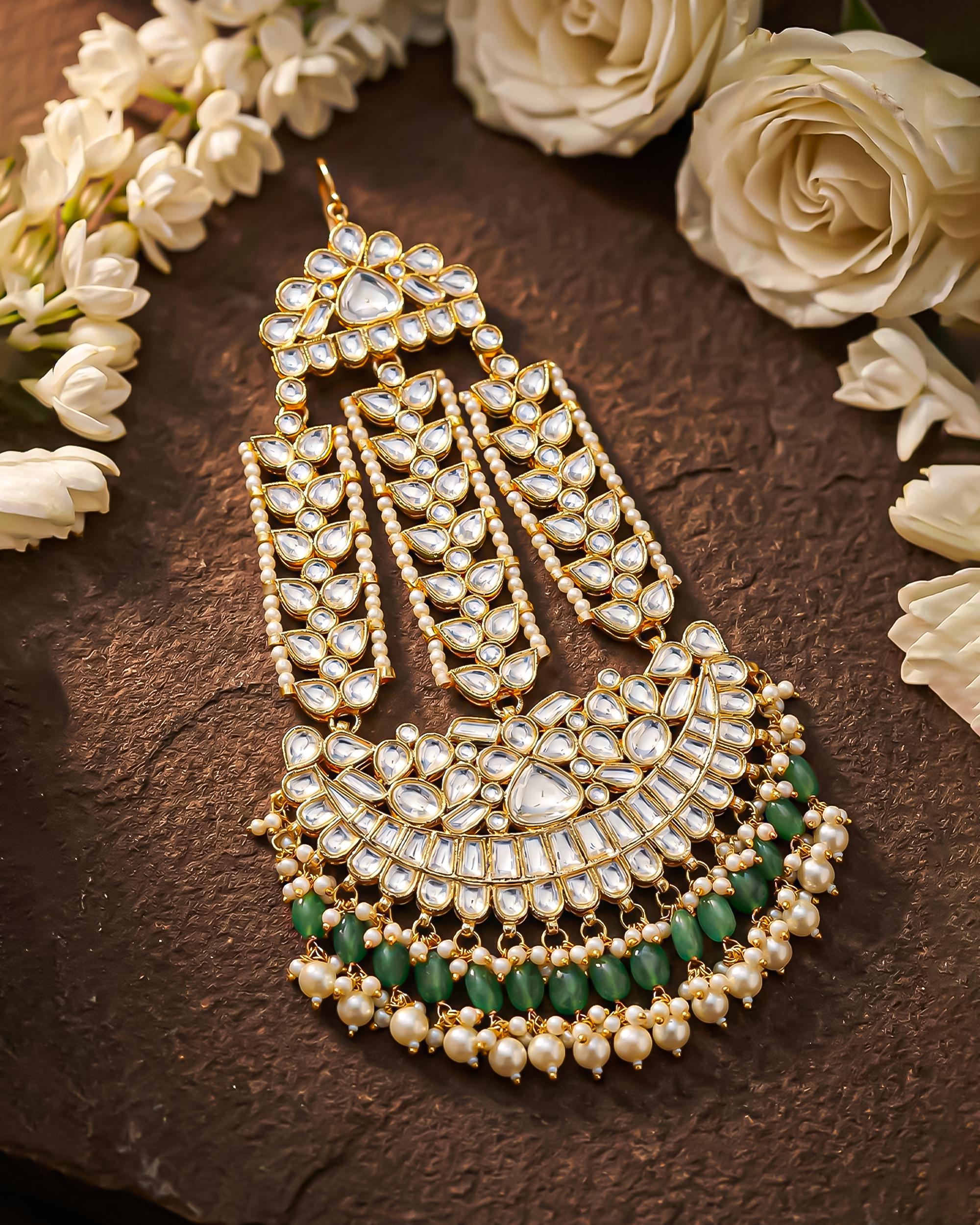 Traditional Kundan Pearl Passa | Indian Bridal Jhumar Headpiece, Green Beads
