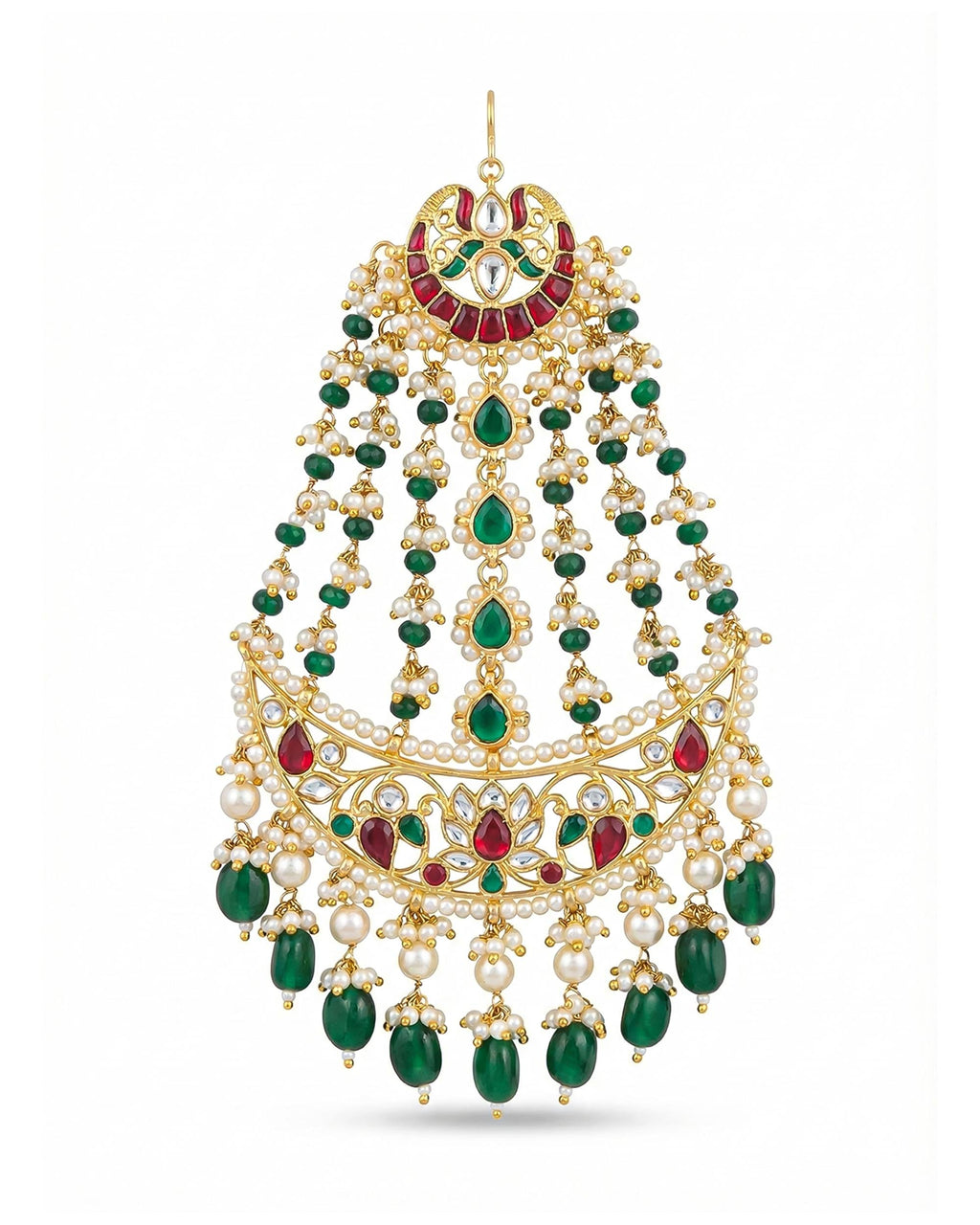 Traditional Kundan Pearl Passa | Indian Bridal Jhumar Headpiece, Ruby Emerald Stones