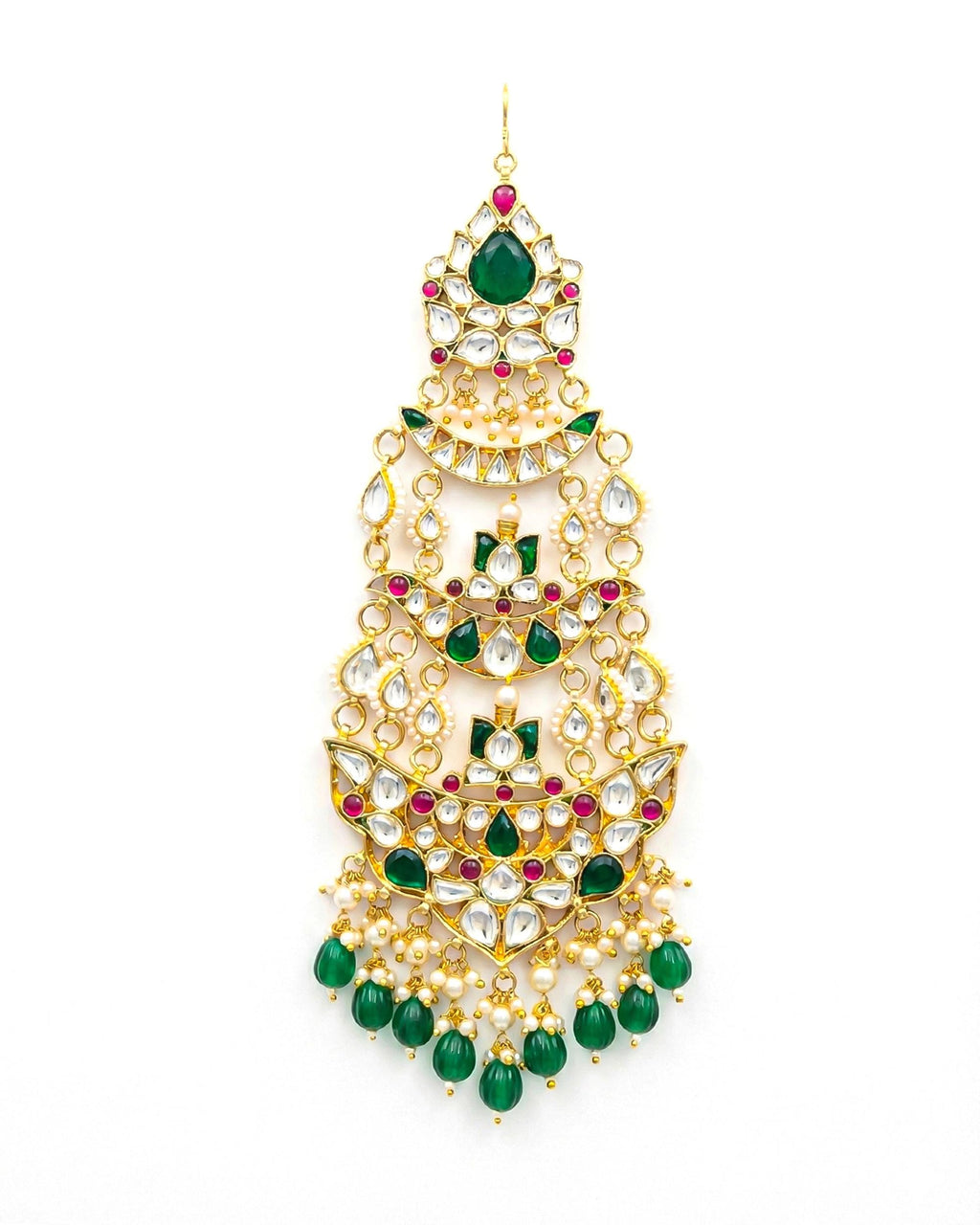 Traditional Kundan Pearl Passa, Ethnic Indian Bridal Jhumar Headpiece, Green Ruby Stones