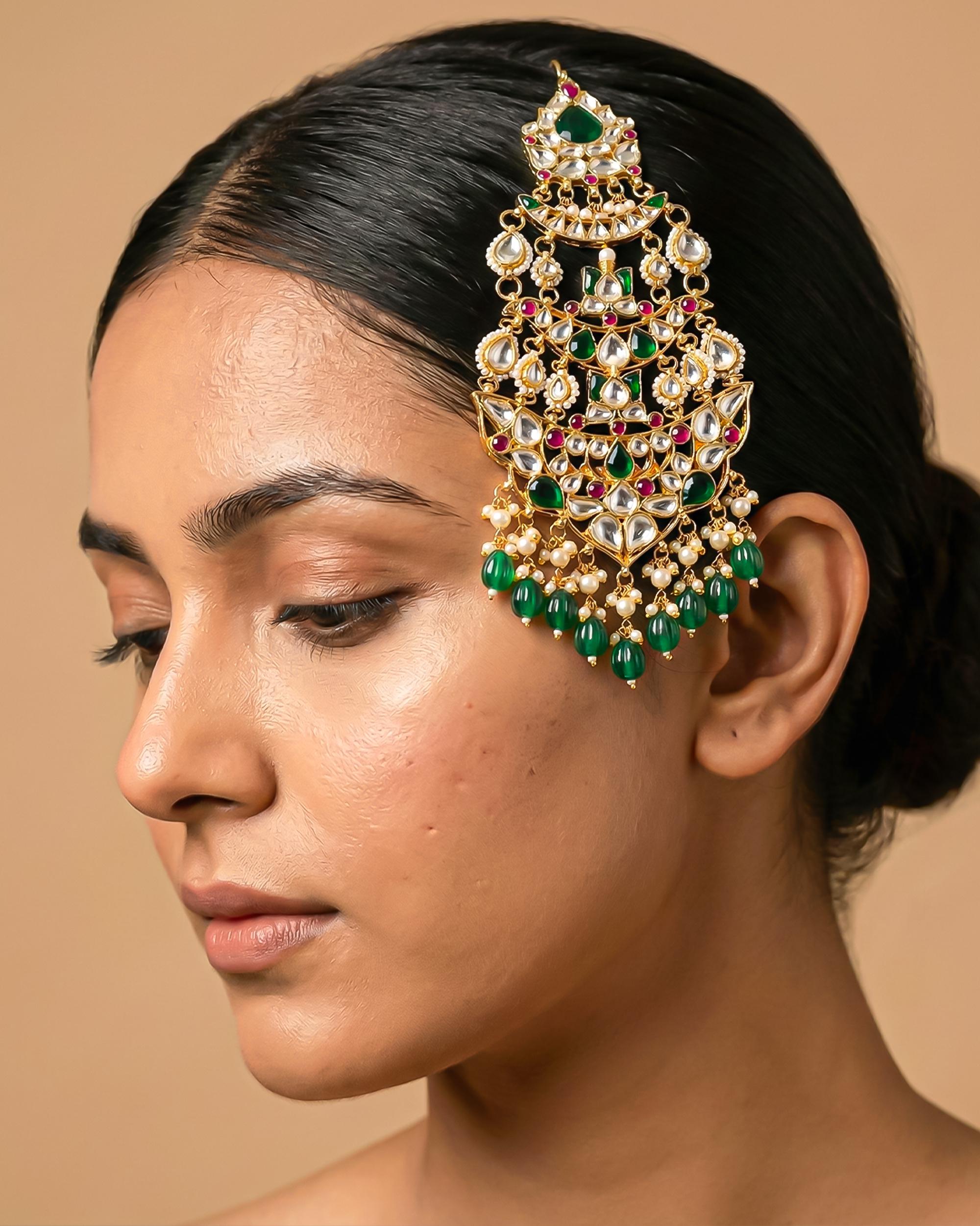 Traditional Kundan Pearl Passa, Ethnic Indian Bridal Jhumar Headpiece, Green Ruby Stones