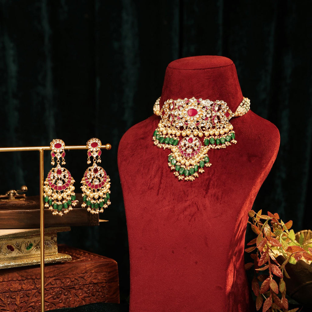 Kundan Meenakari Choker Set: Gold Plated Ruby Emerald Pearl Necklace Earrings