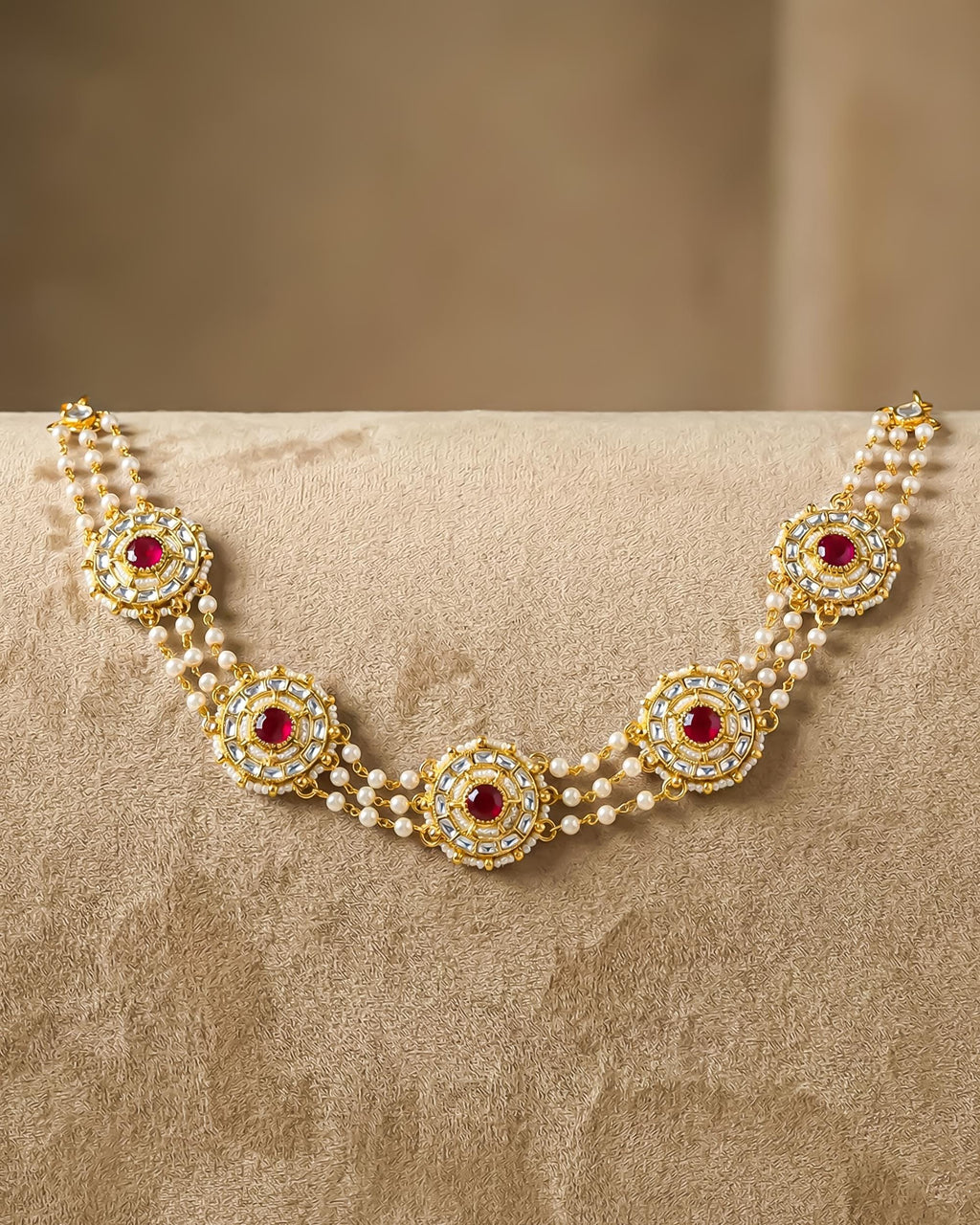 Traditional Kundan Pearl Sheeshpatti | Indian Bridal Head Jewelry, Ruby Stone Headband