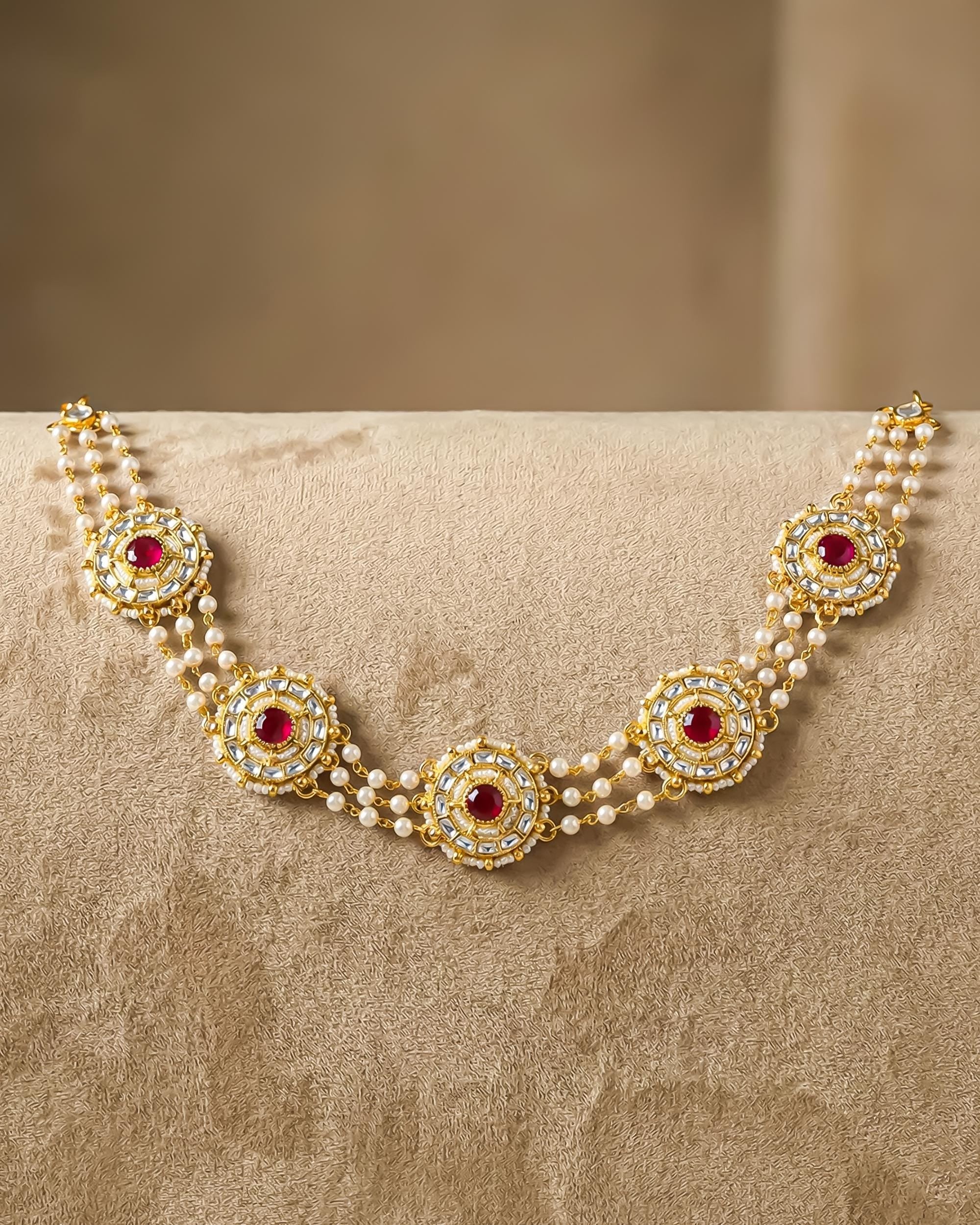 Traditional Kundan Pearl Sheeshpatti | Indian Bridal Head Jewelry, Ruby Stone Headband