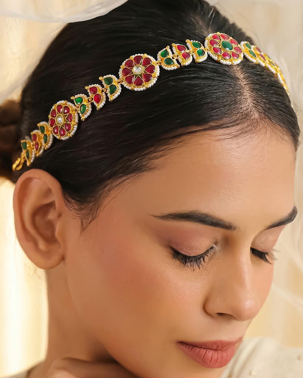 Traditional Kundan Meenakari Sheeshpatti | Ruby Emerald Stone Headband, Ethnic Bridal Accessory