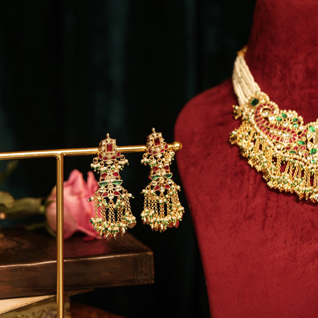 Royal Kundan Choker Necklace Set | Ruby Red Emerald Paisley Meenakari Bridal Jewelry