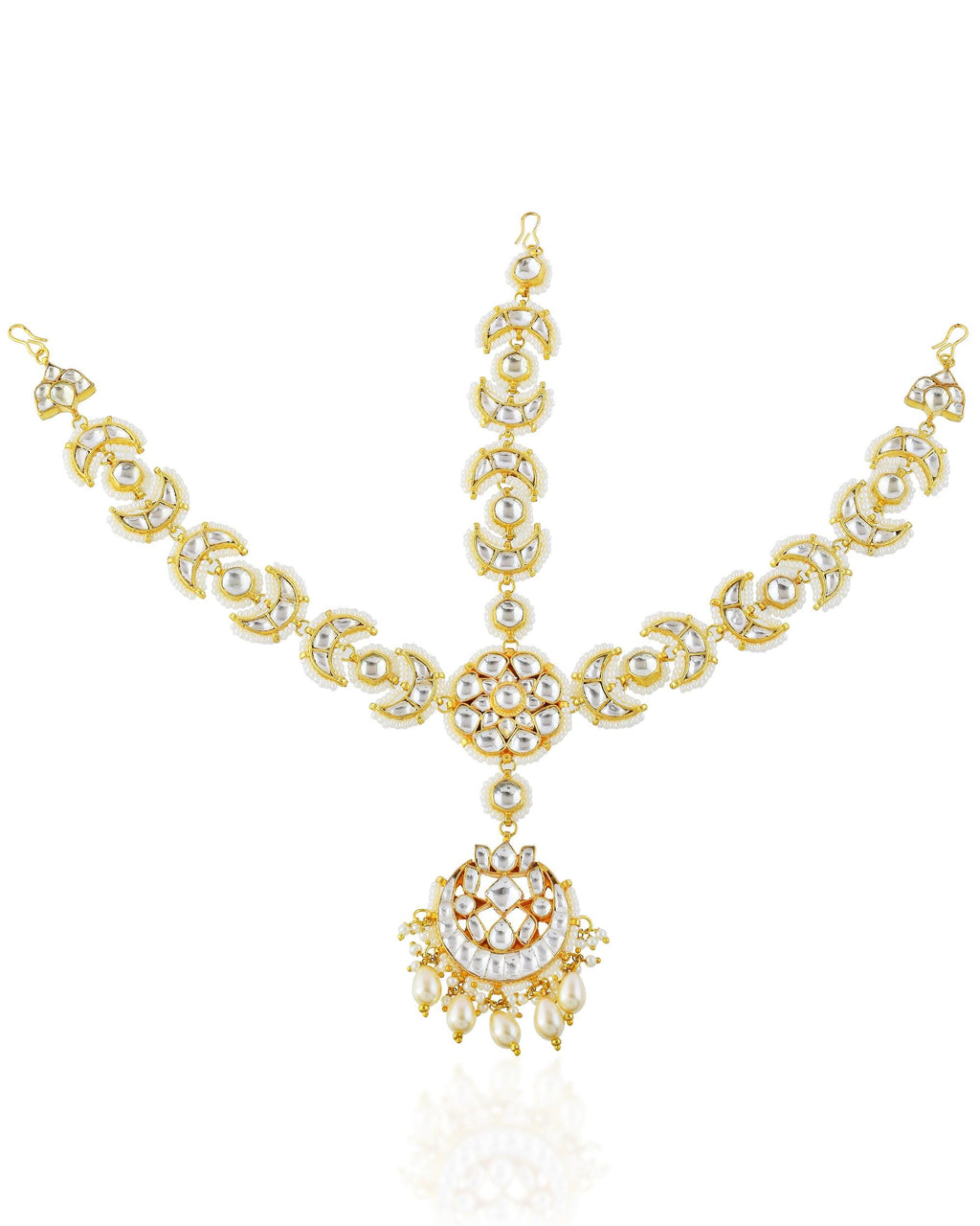 Kundan Pearl Sheeshpatti | Ethnic Indian Bridal Crescent Headpiece, Wedding Accessory