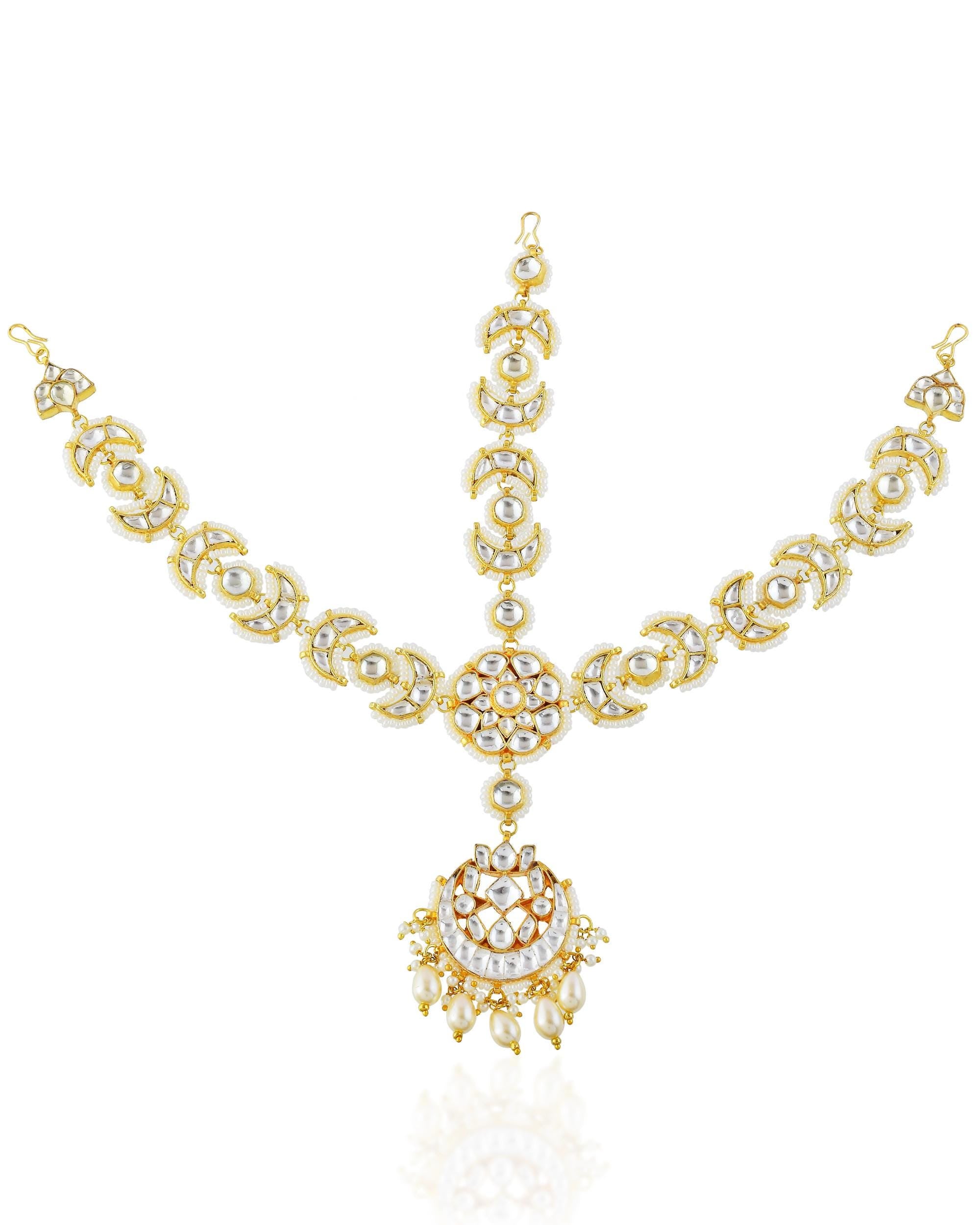 Kundan Pearl Sheeshpatti | Ethnic Indian Bridal Crescent Headpiece, Wedding Accessory