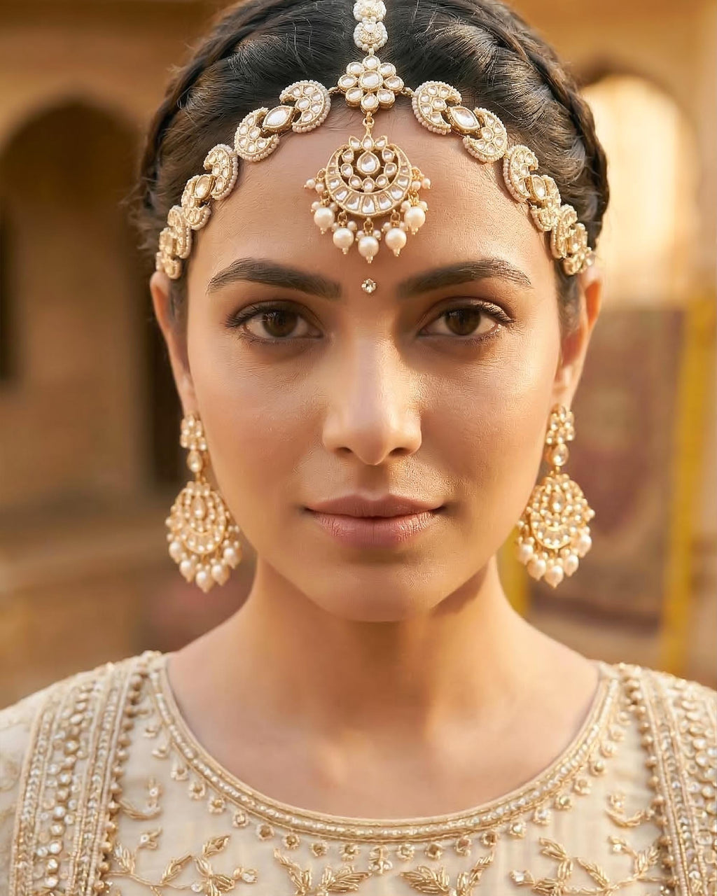 Kundan Pearl Sheeshpatti | Ethnic Indian Bridal Crescent Headpiece, Wedding Accessory