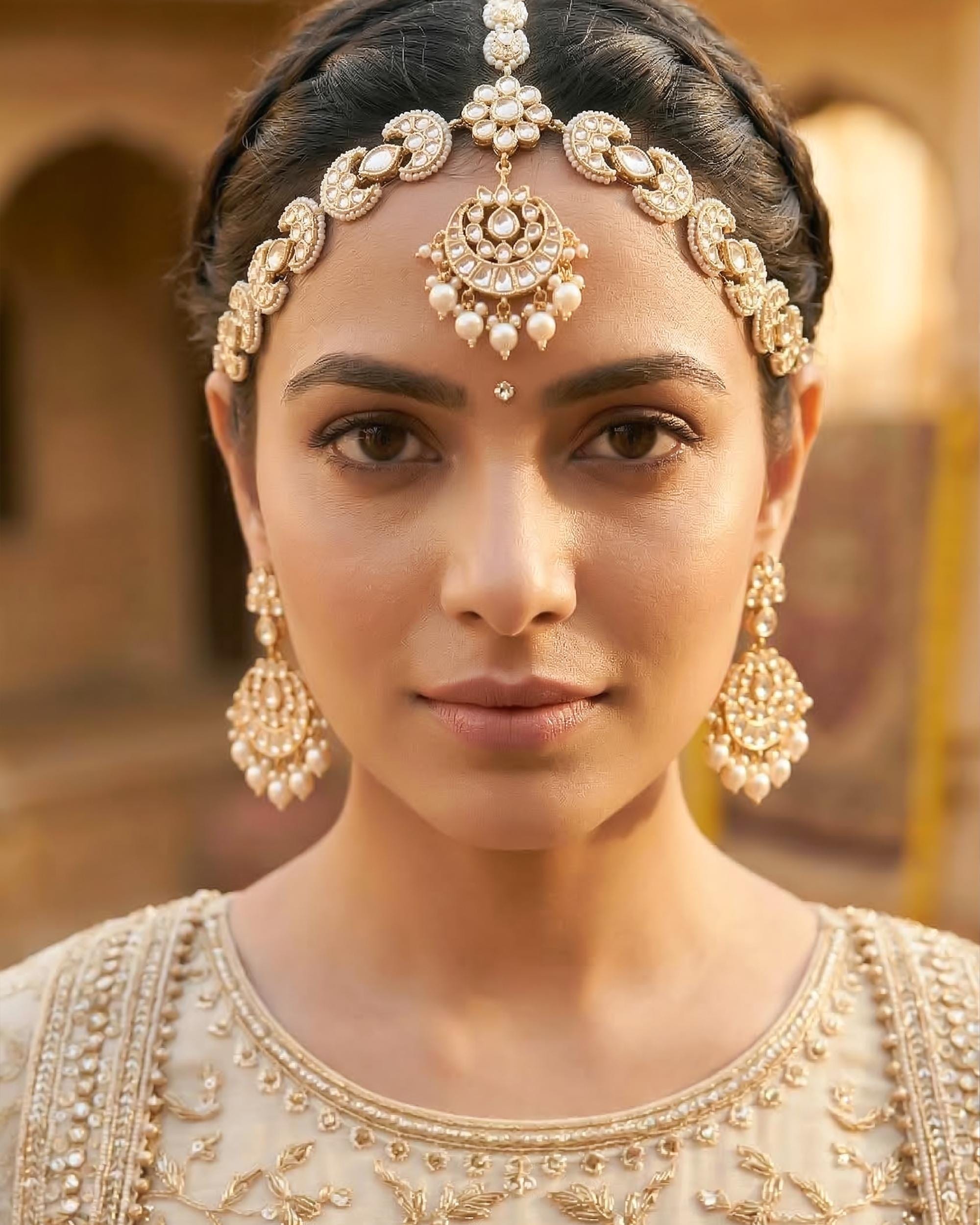 Kundan Pearl Sheeshpatti | Ethnic Indian Bridal Crescent Headpiece, Wedding Accessory