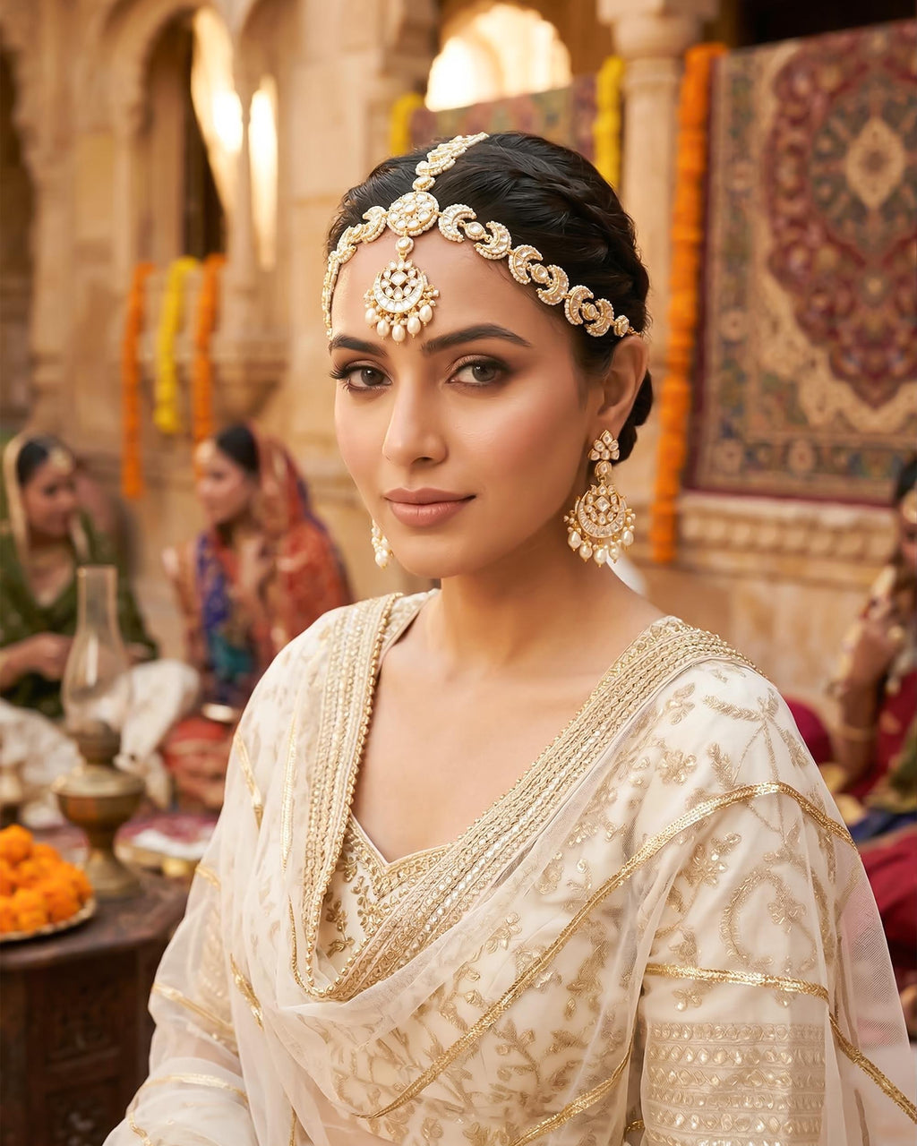 Kundan Pearl Sheeshpatti | Ethnic Indian Bridal Crescent Headpiece, Wedding Accessory