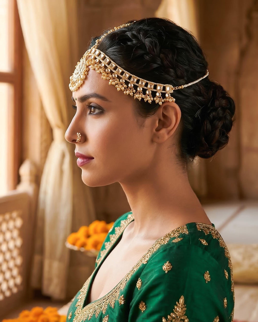 pearl headband Mang tikka Kundan Pearl Sheeshpatti Bridal Headpiece with Polki Stones, Gold-Tone Finish
