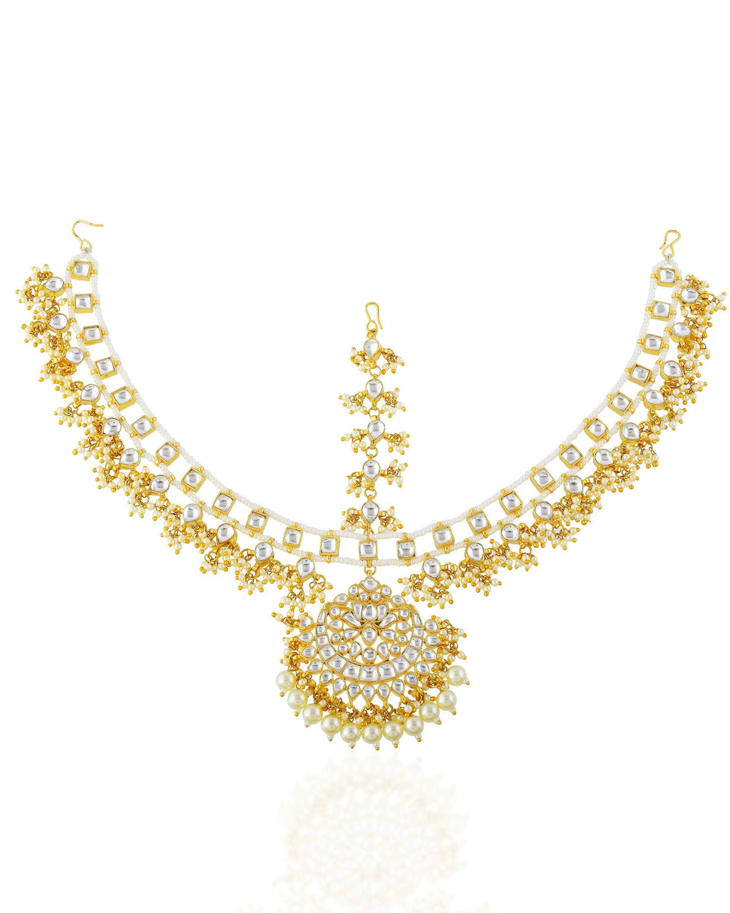 pearl headband Mang tikka Kundan Pearl Sheeshpatti Bridal Headpiece with Polki Stones, Gold-Tone Finish
