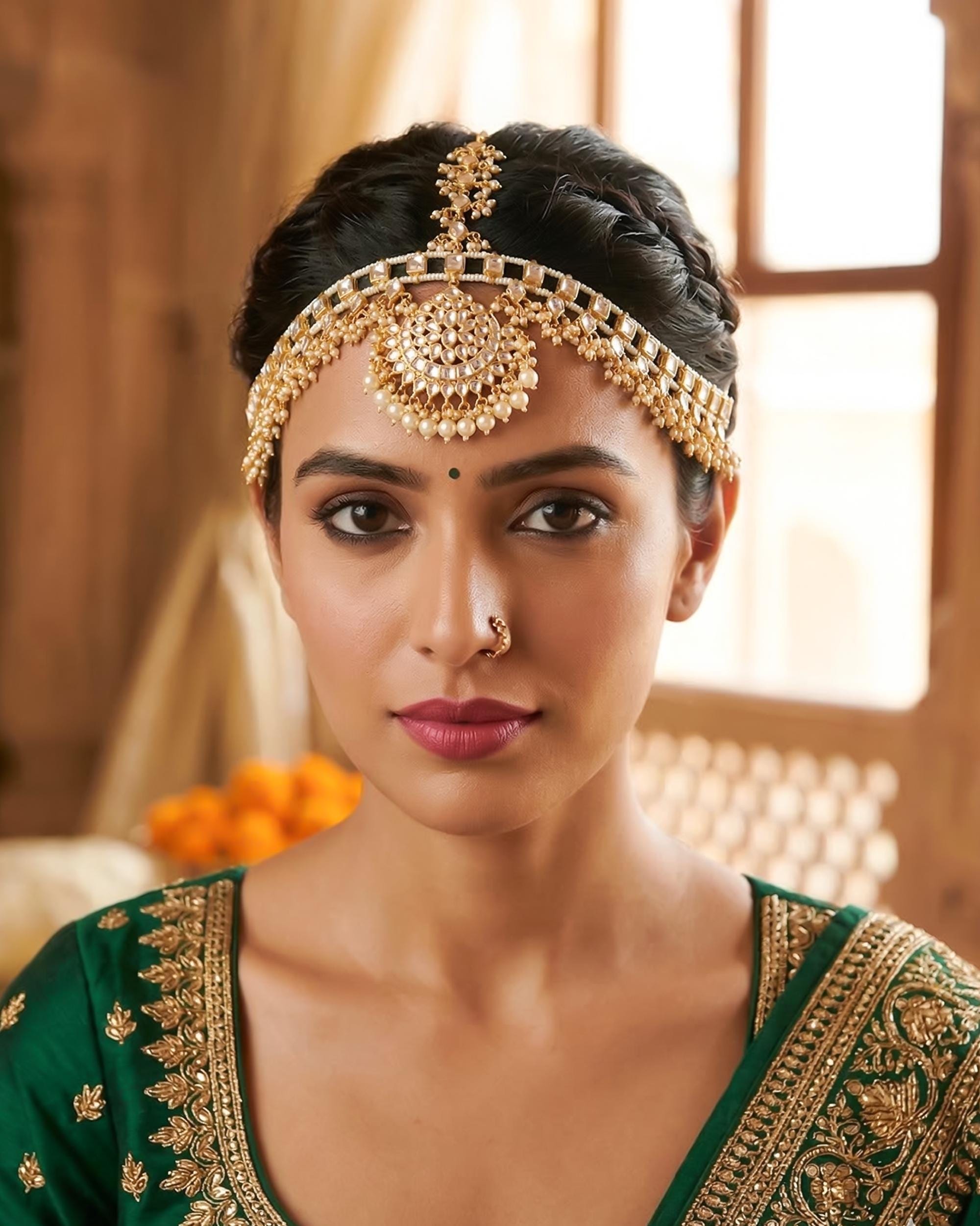 pearl headband Mang tikka Kundan Pearl Sheeshpatti Bridal Headpiece with Polki Stones, Gold-Tone Finish