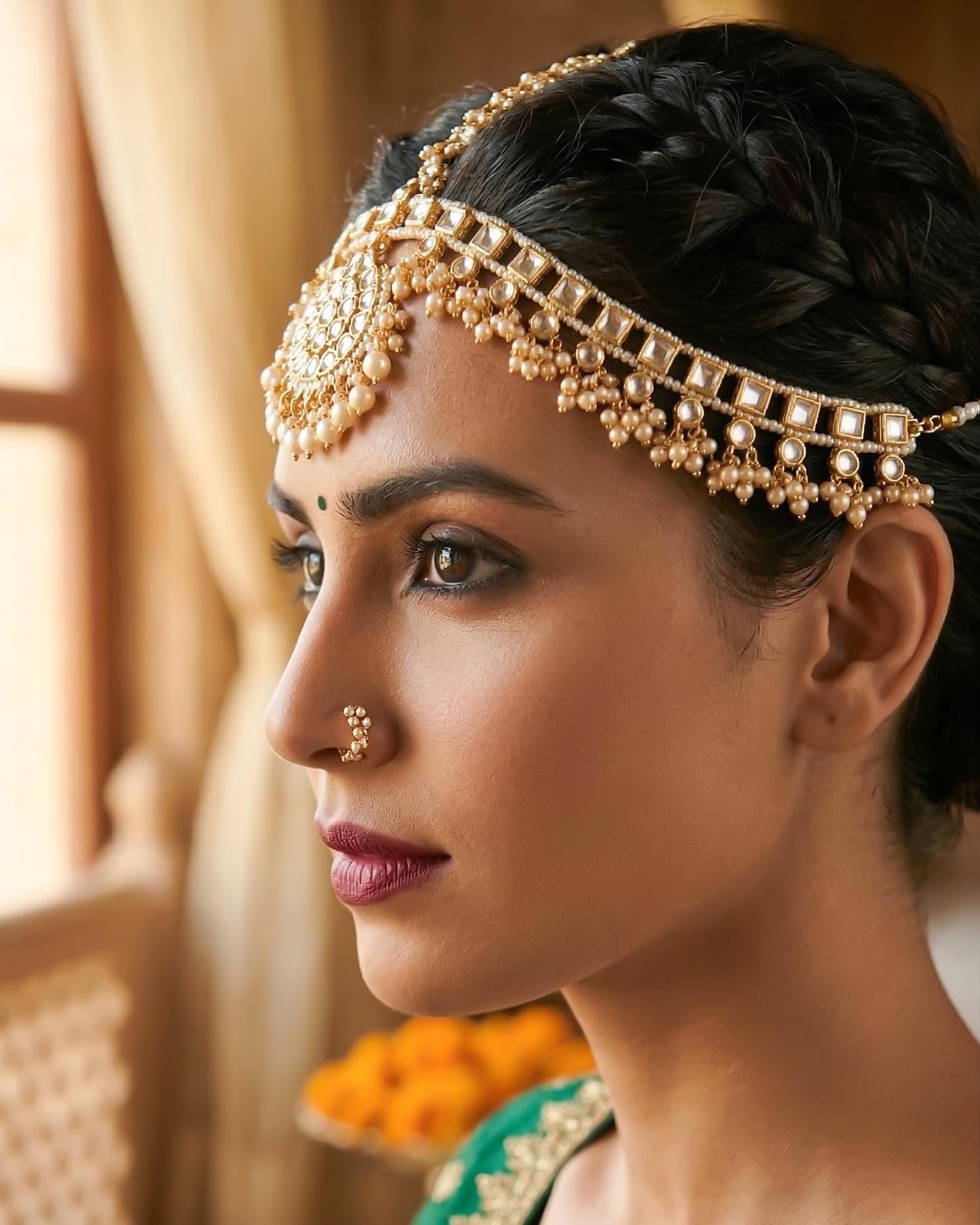 pearl headband Mang tikka Kundan Pearl Sheeshpatti Bridal Headpiece with Polki Stones, Gold-Tone Finish