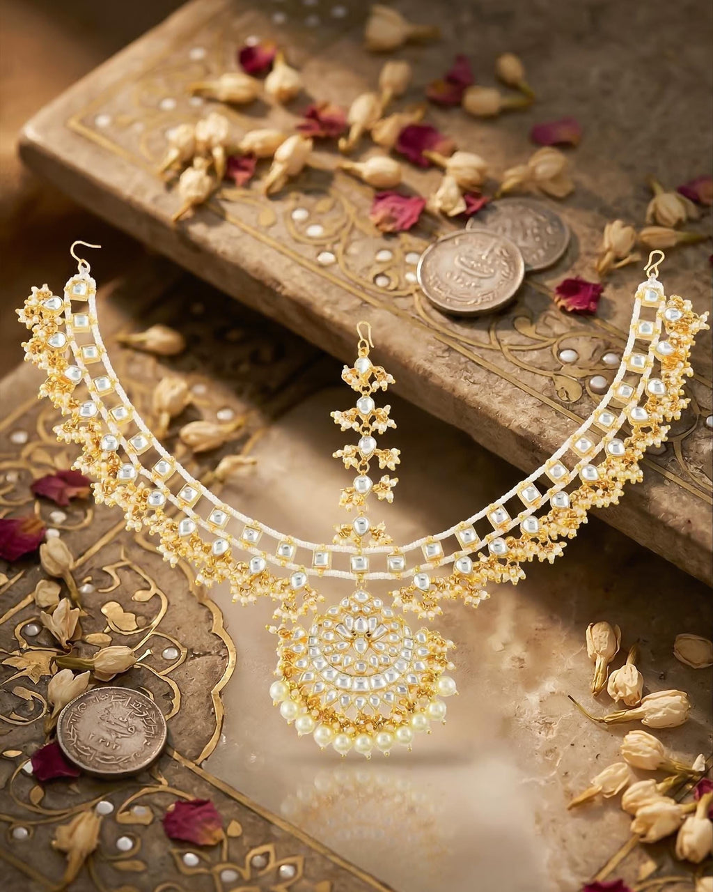 pearl headband Mang tikka Kundan Pearl Sheeshpatti Bridal Headpiece with Polki Stones, Gold-Tone Finish